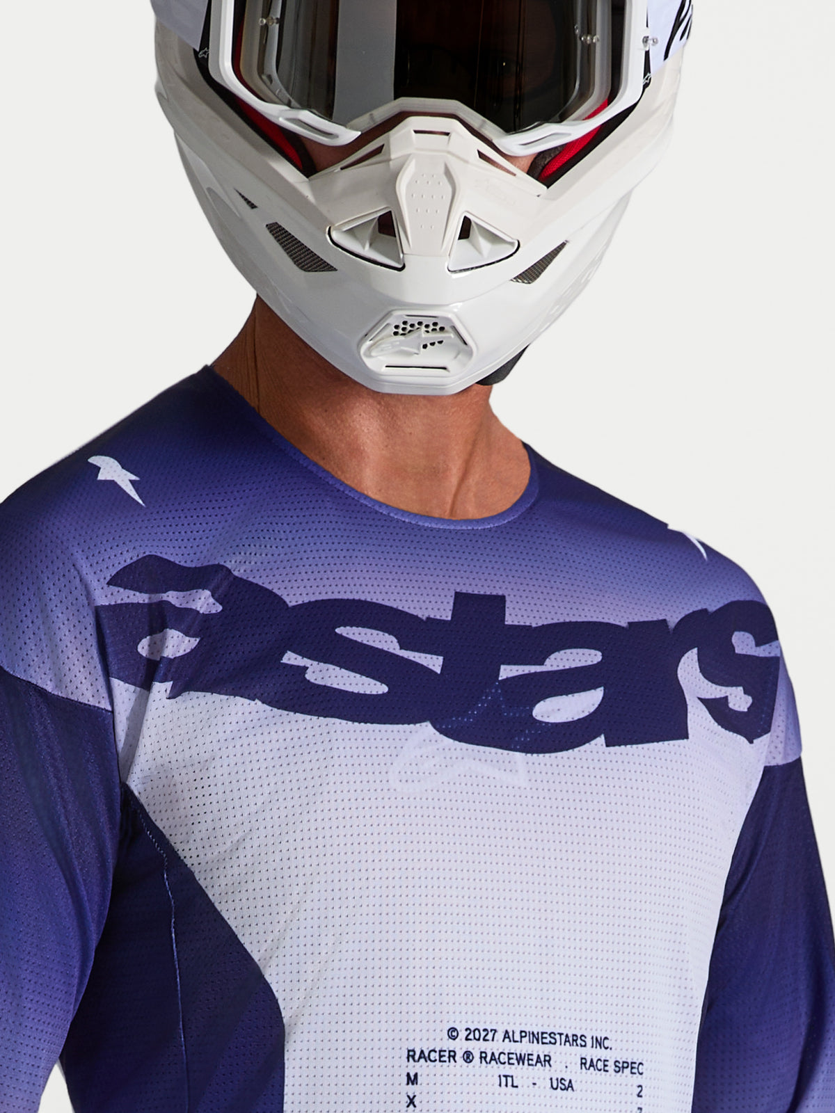 Alpinestars Racer Air Amber Jersey, Motocross Racing, Man, Blue and White, mesh with astars logo, on-model with helmet.