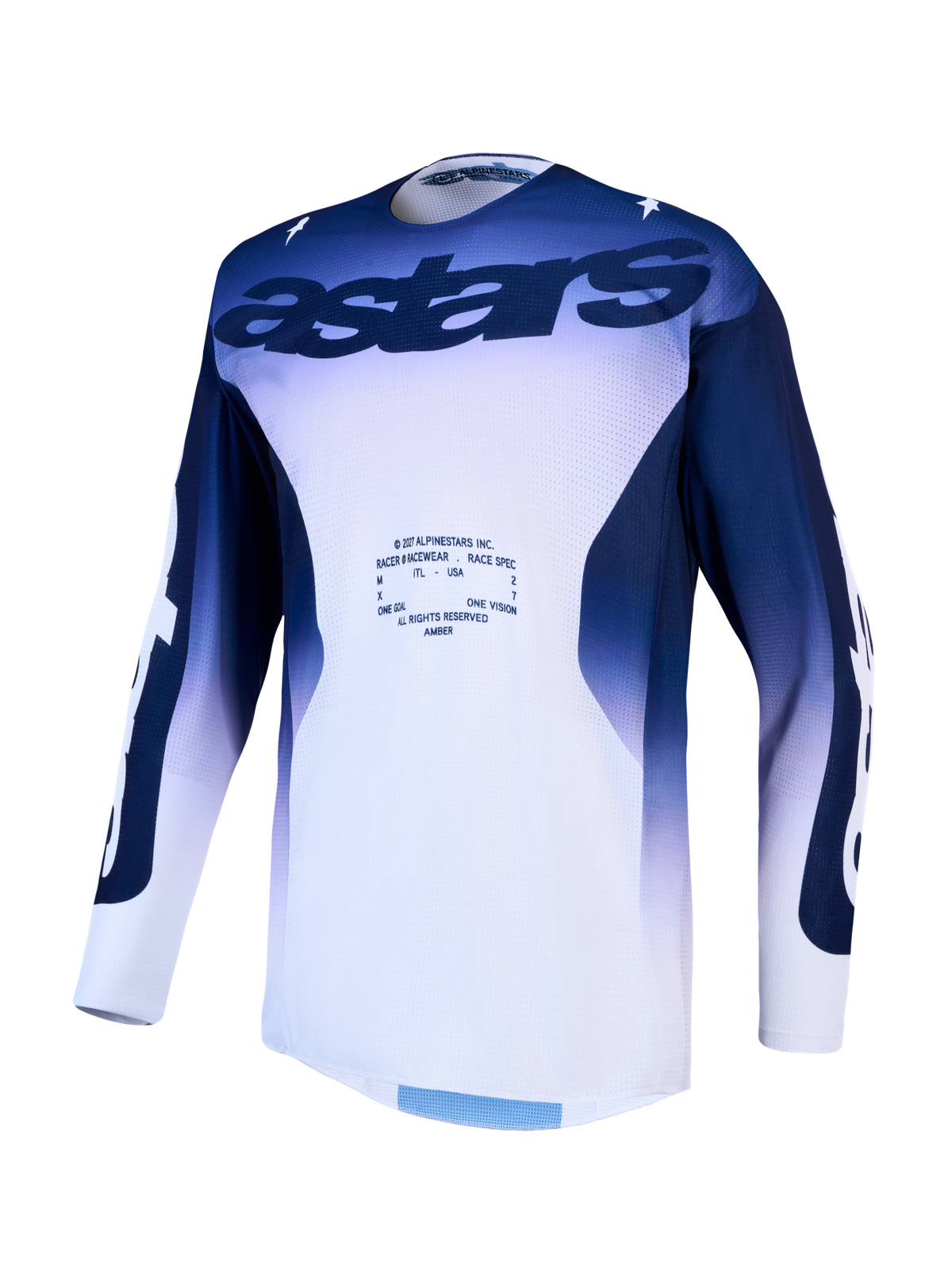 Maillot Alpinestars Racer Air Amber, maillot de motocross pour homme, bleu et blanc, mesh respirant et ventilé pour le tout-terrain