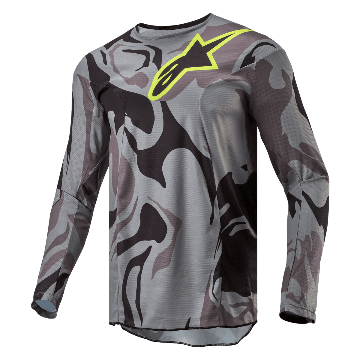 Alpinestars 2024 Racer Tactical Jersey, maillot de motocross, Cast Gray Camo Magnet, motif camouflage gris et noir avec logo Alpinestars jaune vif sur la poitrine, manches longues, équipement de conduite tout-terrain haute performance