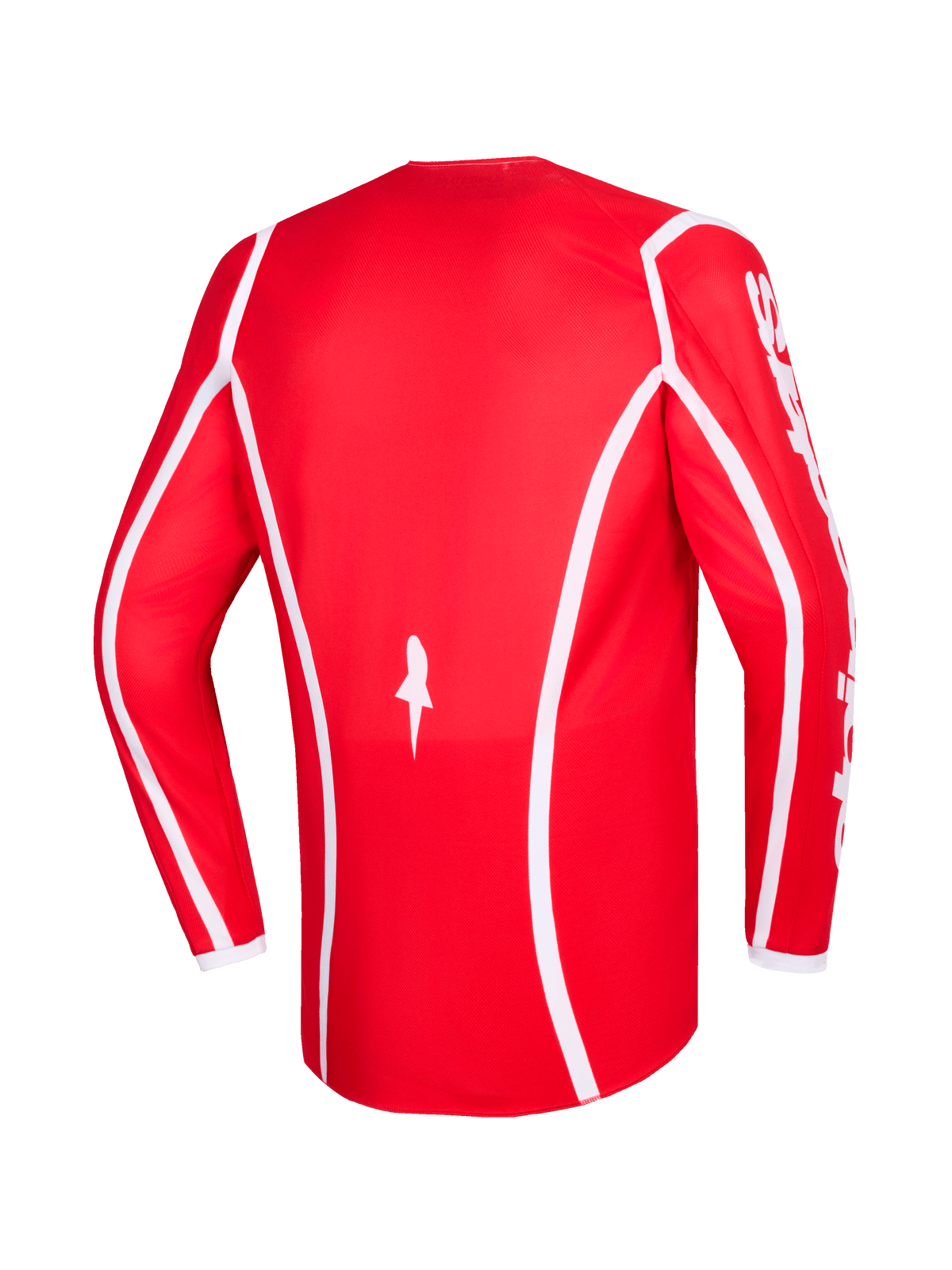 Maillot Alpinestars Fluid Apex 2026, rouge et blanc, vue de dos d'un maillot de motocross à manches longues avec lignes incurvées blanches, logo étoilé en bas et texte Alpinestars blanc sur les manches, conçu pour la course tout-terrain