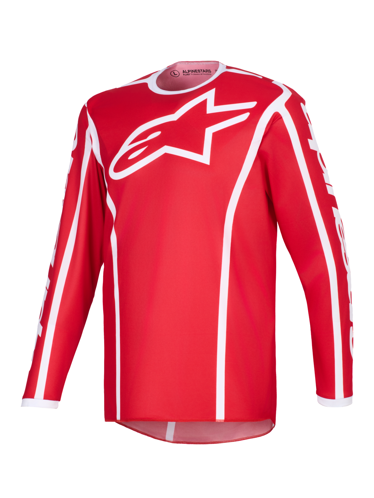 Maillot Alpinestars 2026 Fluid Apex, maillot de motocross, rouge et blanc, avec un grand logo A-star blanc sur la poitrine, col sport blanc, liserés verticaux et panneau arrière allongé pour la performance tout-terrain.