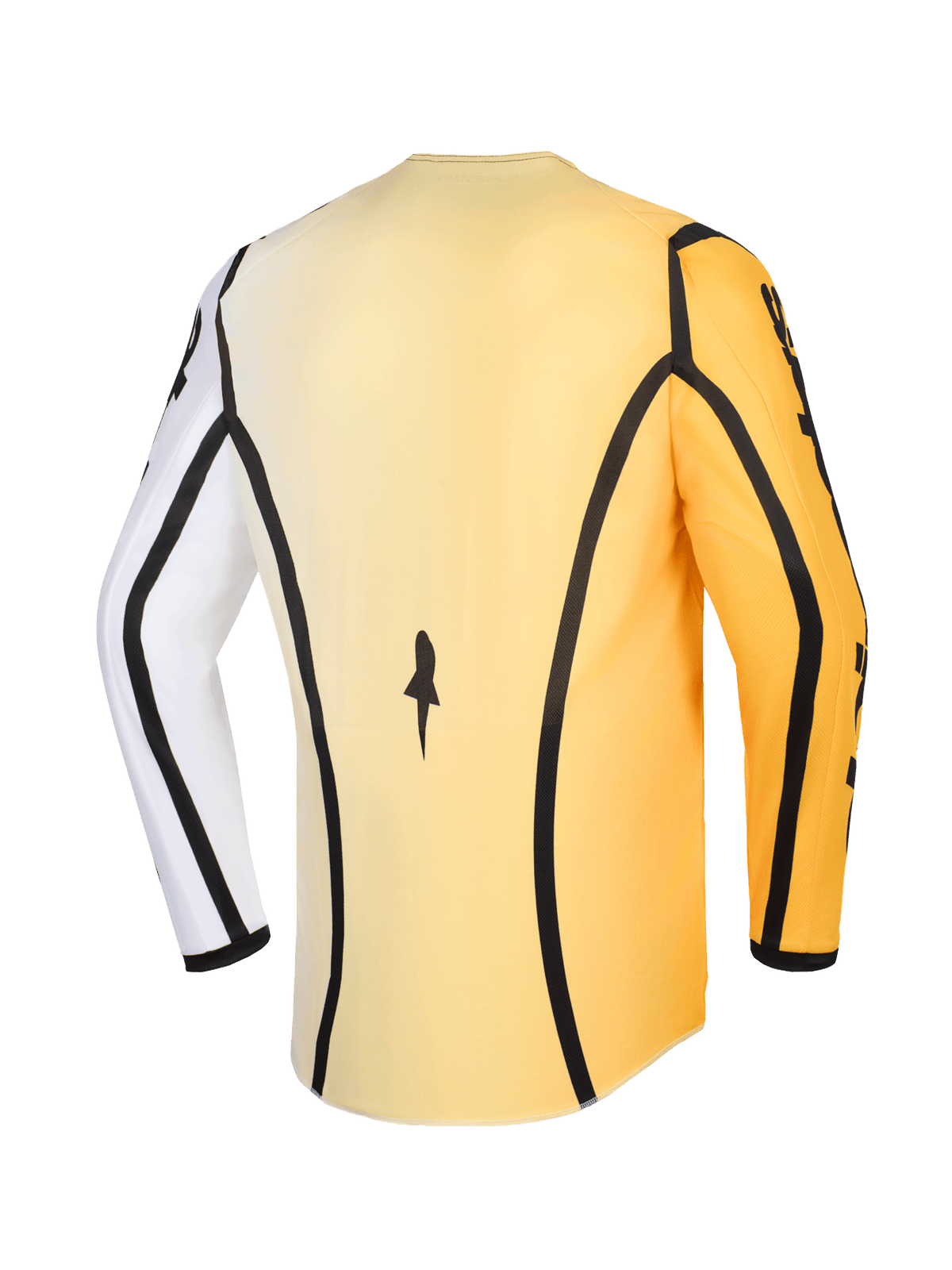 Maillot Alpinestars Fluid Apex 2026, maillot de motocross, jaune, blanc et noir, vue arrière avec liserés noirs, une manche blanche et une manche jaune, avec une coupe arrière allongée pour une couverture optimale en tout-terrain.