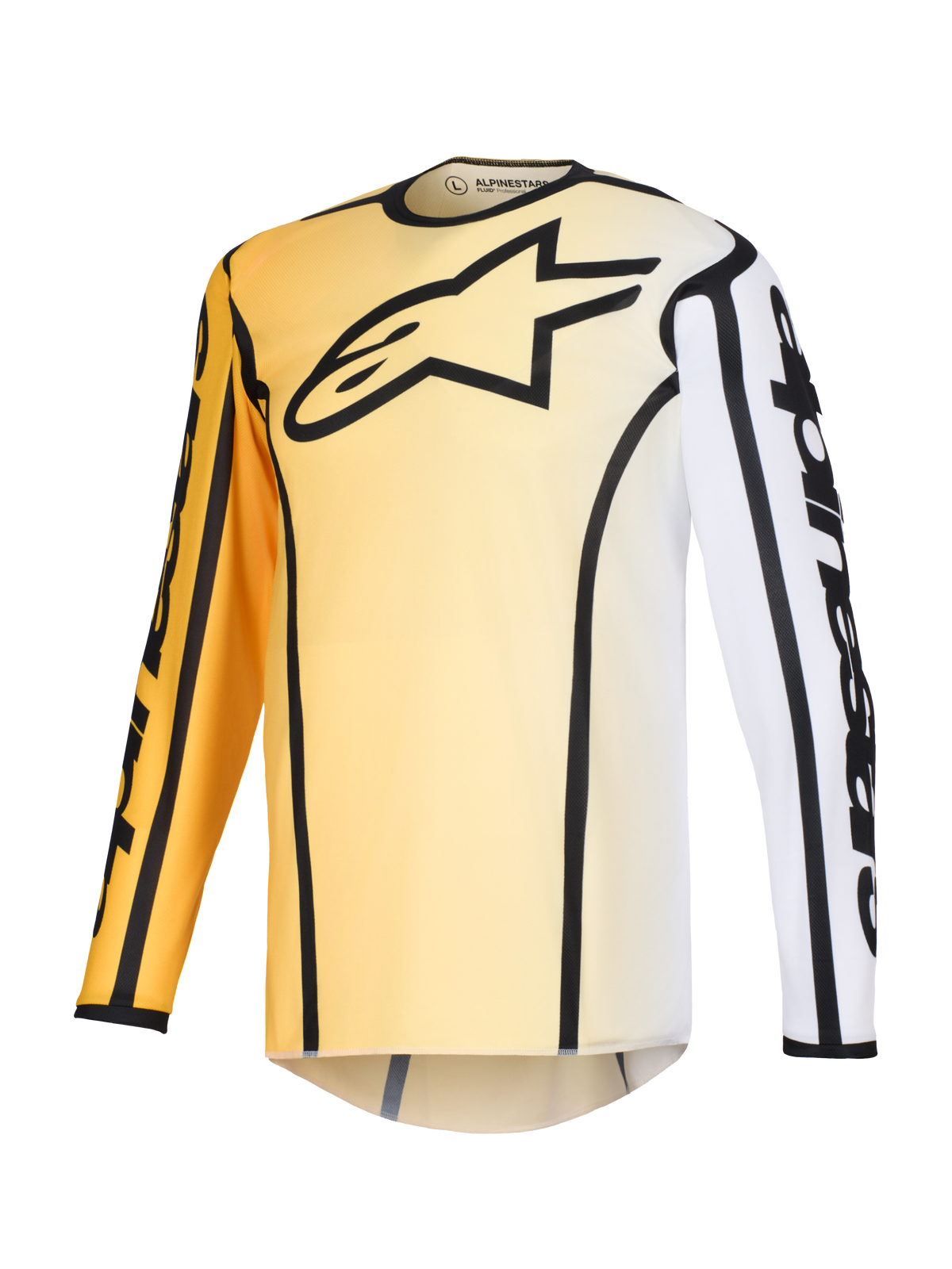 Maillot Alpinestars Fluid Apex 2026, maillot de motocross, dégradé jaune et blanc avec des accents noirs, doté d'un grand logo étoile noir sur la poitrine, contours noirs marqués le long des coutures et marquage Alpinestars sur les manches, haut technique à manches longues pour la course tout-terrain