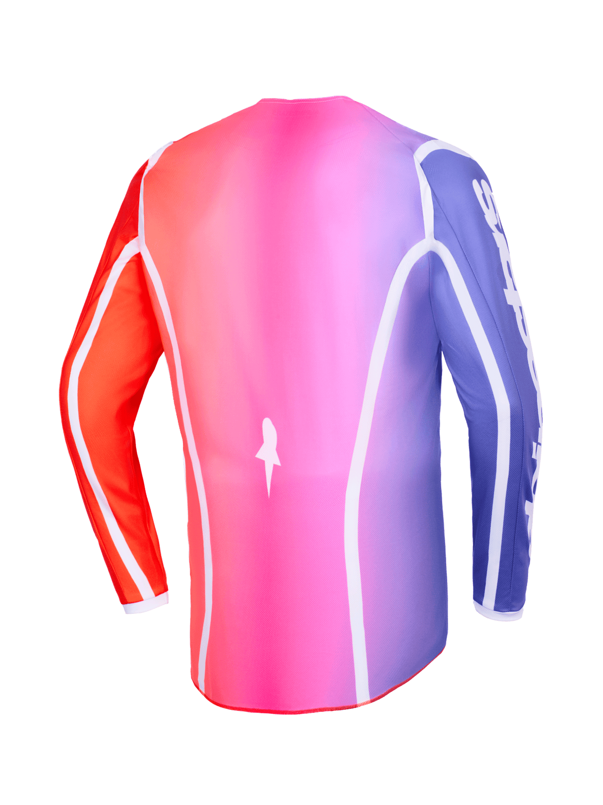 Maillot Alpinestars 2026 Fluid Apex, vue de dos, dégradé multicolore rose, violet et orange, avec liserés blancs incurvés et pan arrière allongé, équipement professionnel de motocross et tout-terrain
