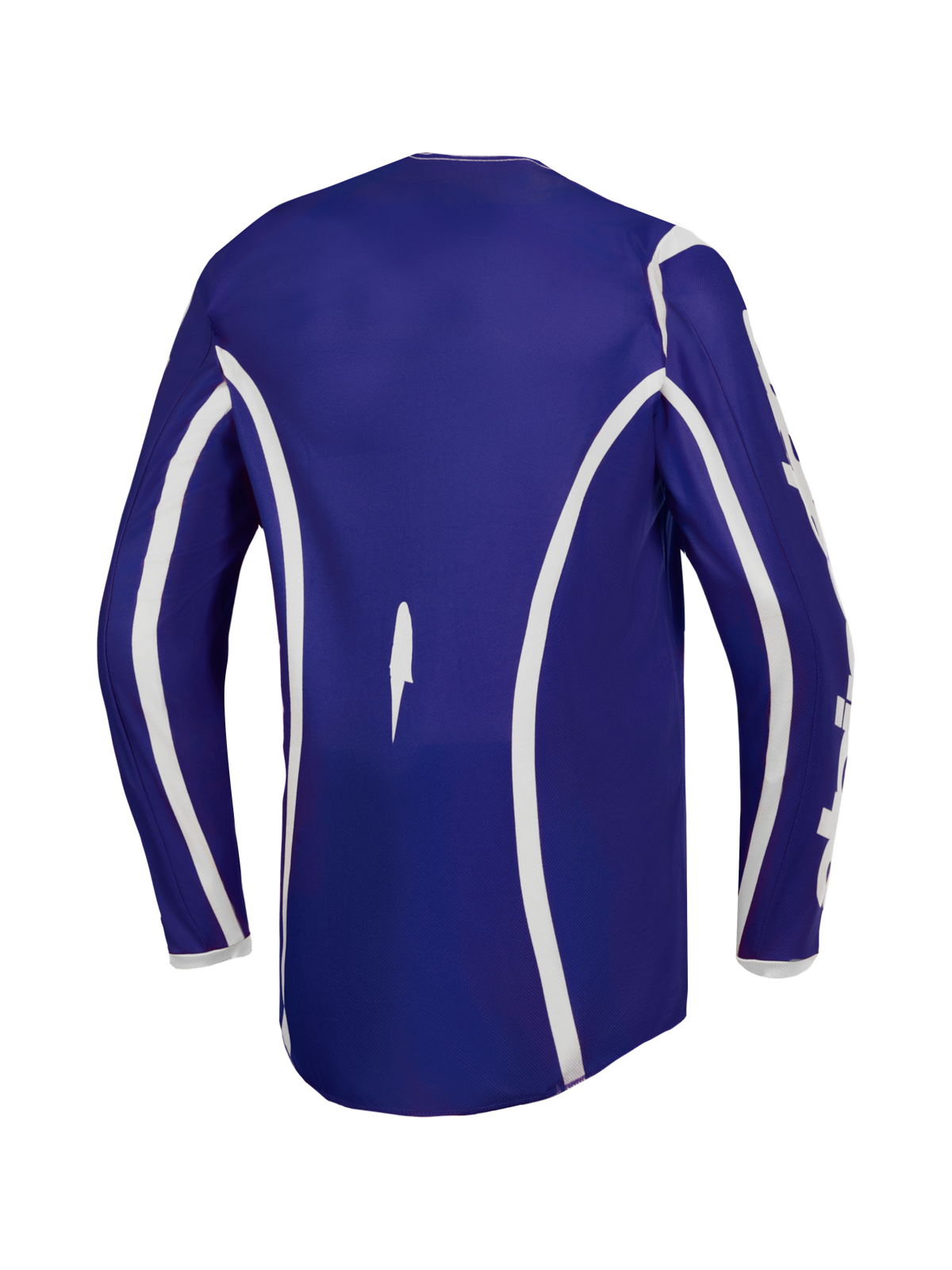 Alpinestars Maillot Fluid Apex V2, maillot de motocross pour homme, bleu foncé et blanc, vue de dos montrant la coupe arrière allongée pour une meilleure couverture.