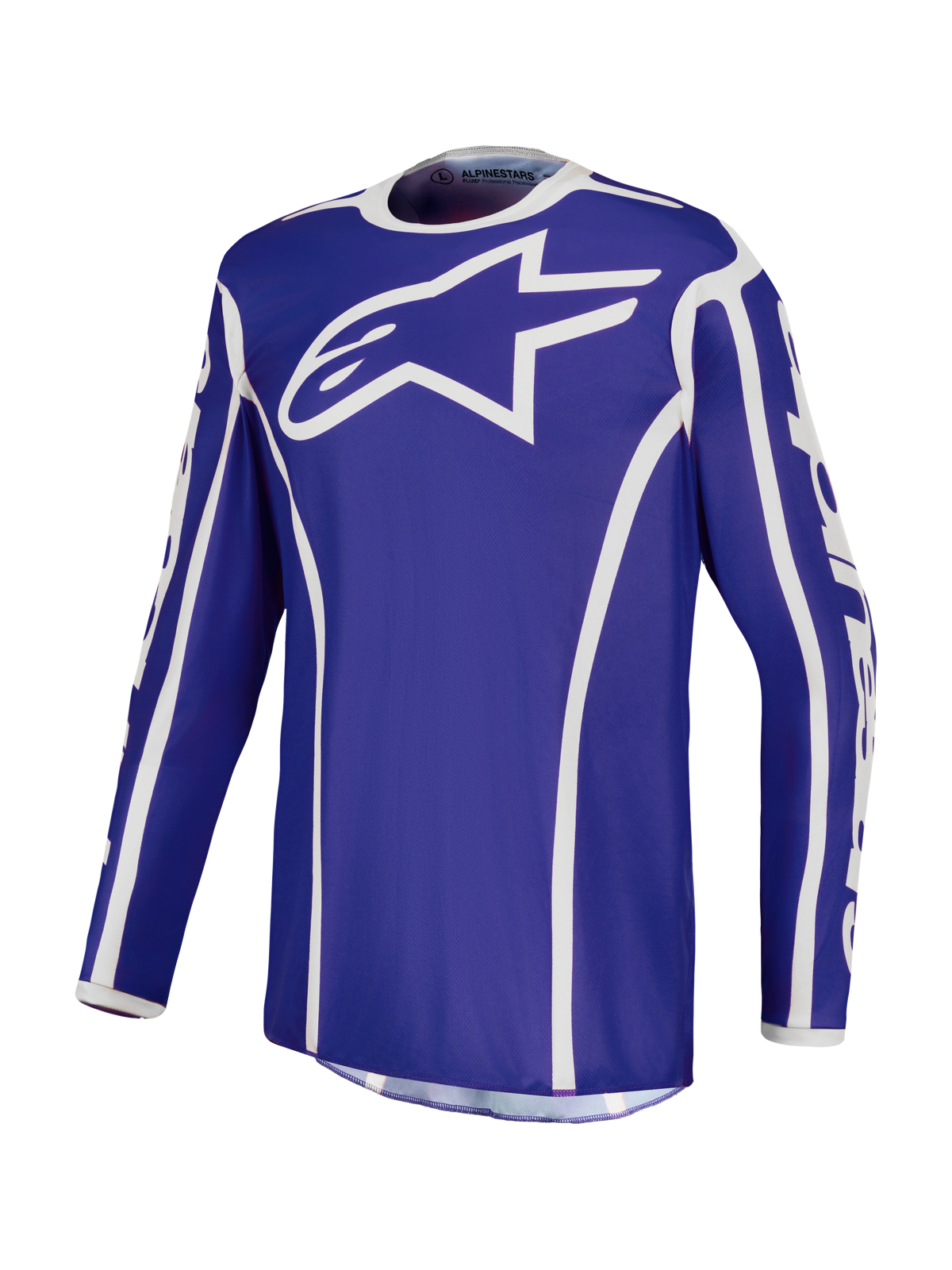 Alpinestars Fluid Apex V2, maillot de motocross pour homme, bleu et blanc, poly-tissu évacuant l'humidité.