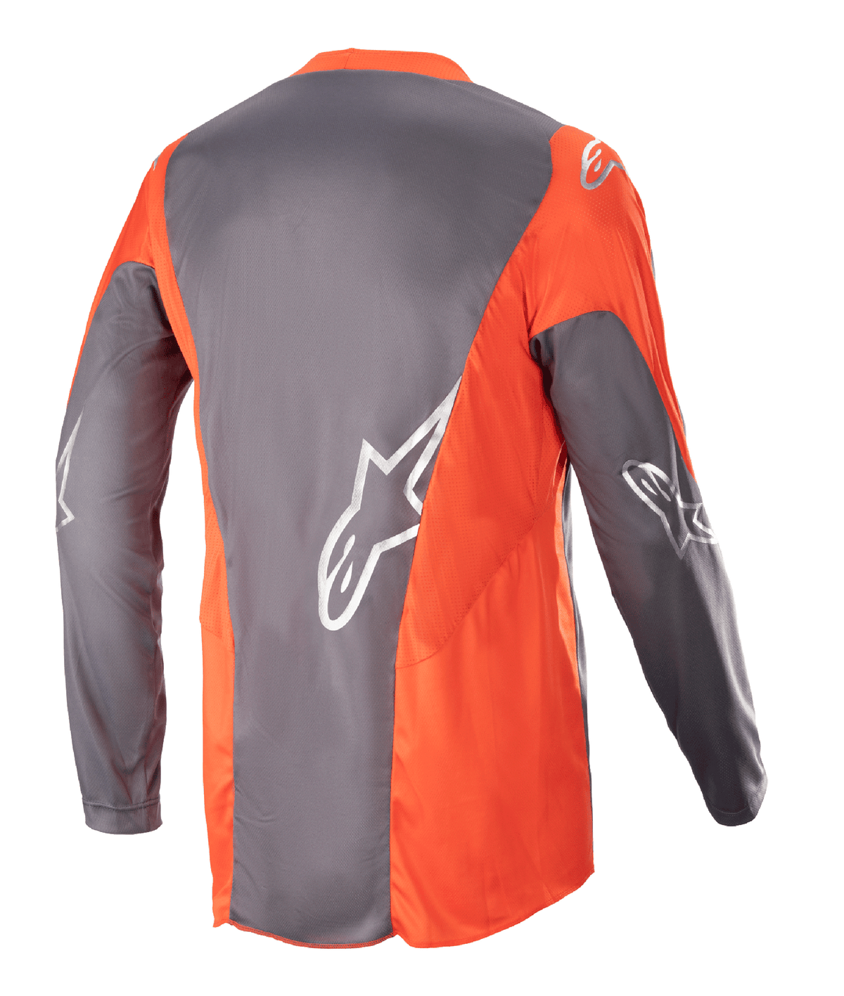 Alpinestars 2023 Racer Hoen Jersey, motorcross jersey, Magnet Hot Orange, achteraanzicht met grijze en oranje panelen en zilveren Astars-logo's op de mouwen en rug, hoogwaardige off-road kleding