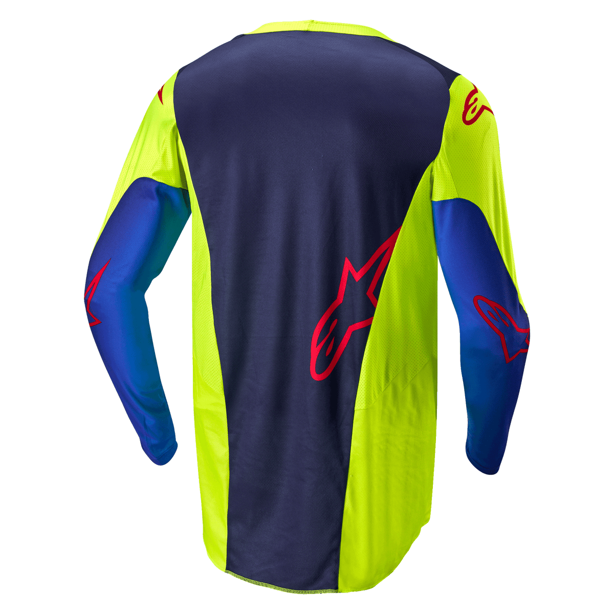 Alpinestars 2024 Racer Hoen Jersey, motorcross shirt, Yellow Fluo en Blue Night Navy, achteraanzicht met donkerblauw middenpaneel met rood logo, felgele zijpanelen, lange mouwen en ademende mesh-stof ontworpen voor off-road prestaties