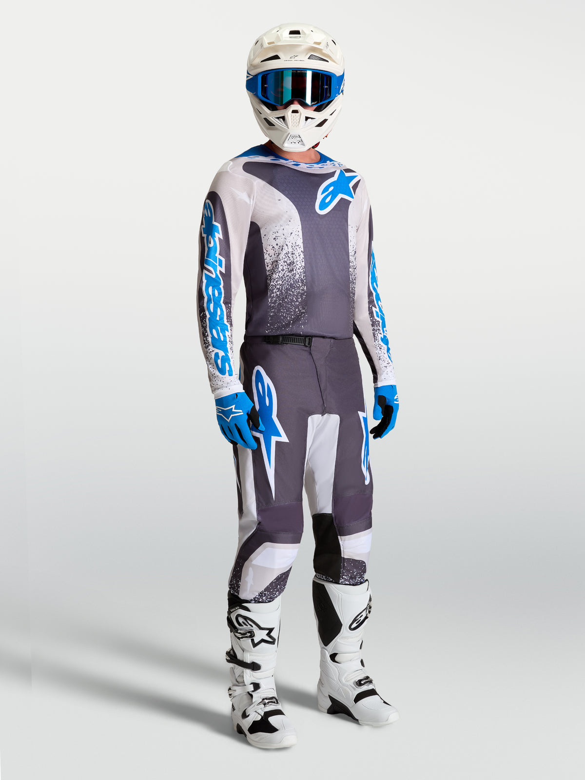 Alpinestars maillot Fluid Drag, équipement de motocross pour homme, gris et bleu, avec casque et bottes, tenue off-road