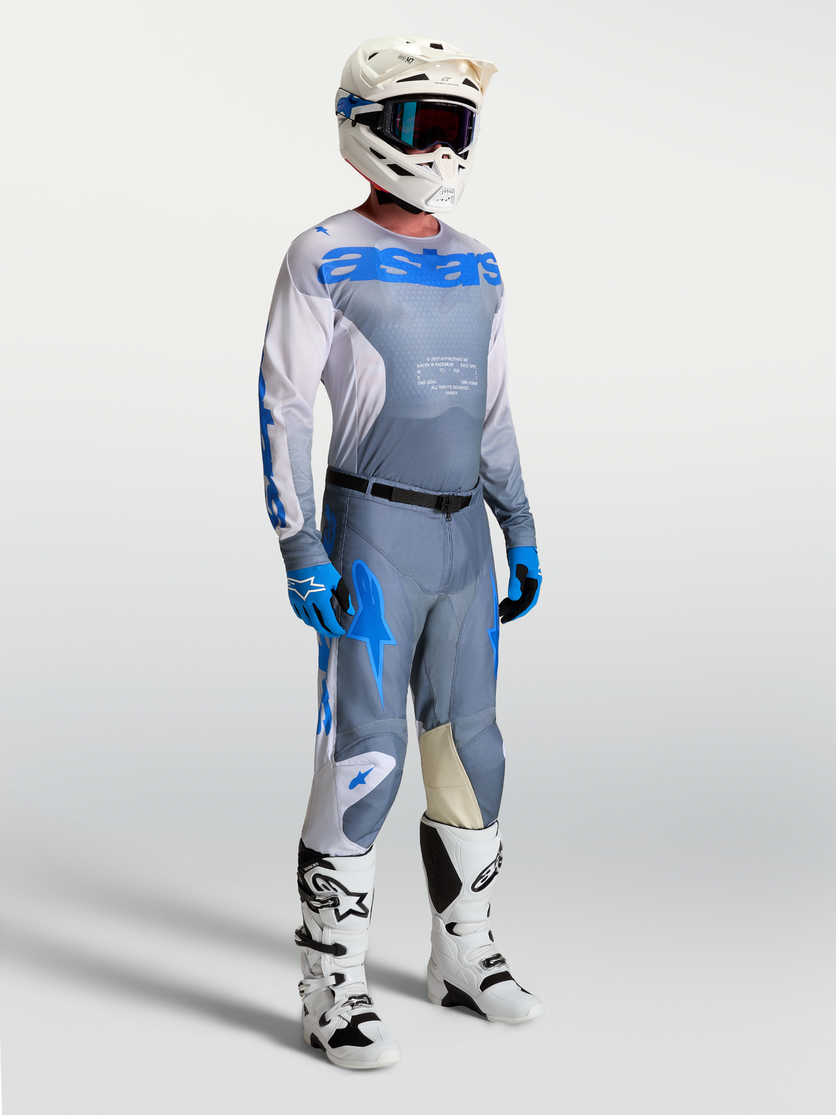 Alpinestars Racer Amber Gear Set et pantalon, tenue de motocross pour homme, gris et bleu, coupe de course performante.