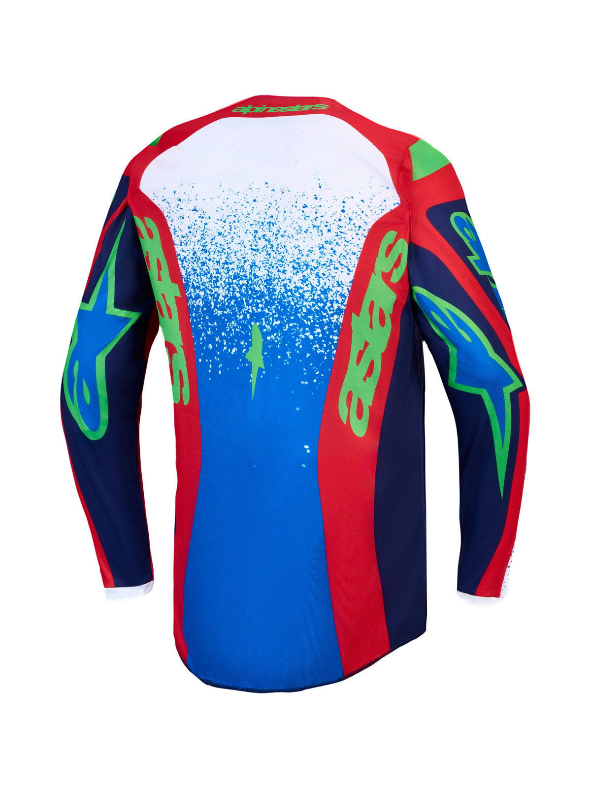 Alpinestars Fluid Drag jersey, heren motorcrossjersey in blauw en rood met groene graphics, achteraanzicht.