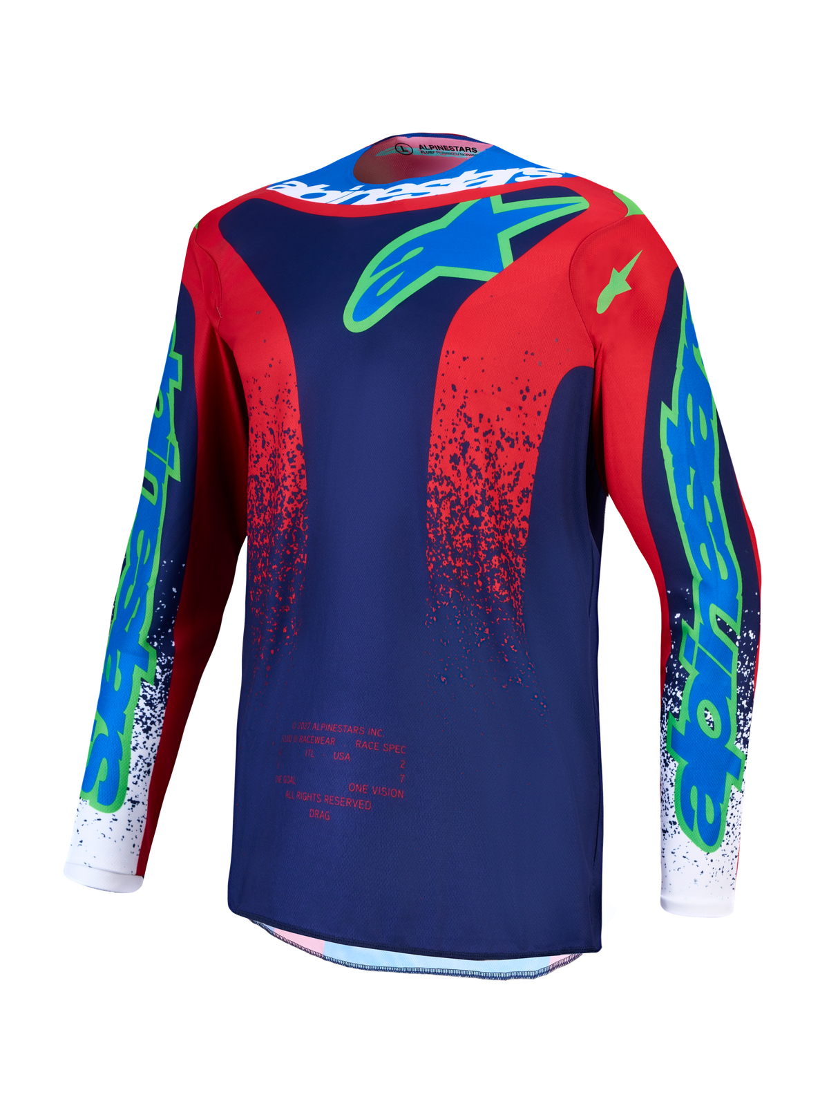 Alpinestars Fluid Drag jersey, heren-motocrosstop, marineblauw en vuurrood, ademend en vochtafvoerend polyfabric.