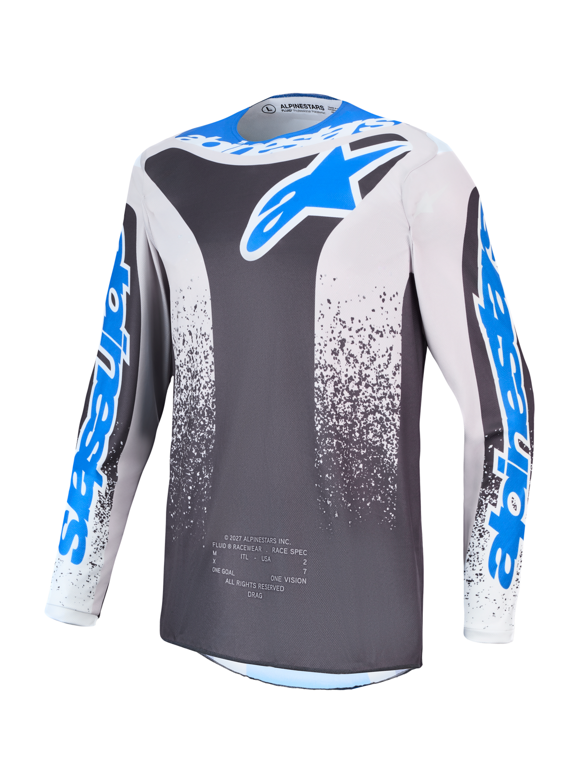 Alpinestars maillot Fluid Drag, maillot de motocross pour homme, gris et bleu, poly-tissu technique évacuant l'humidité.