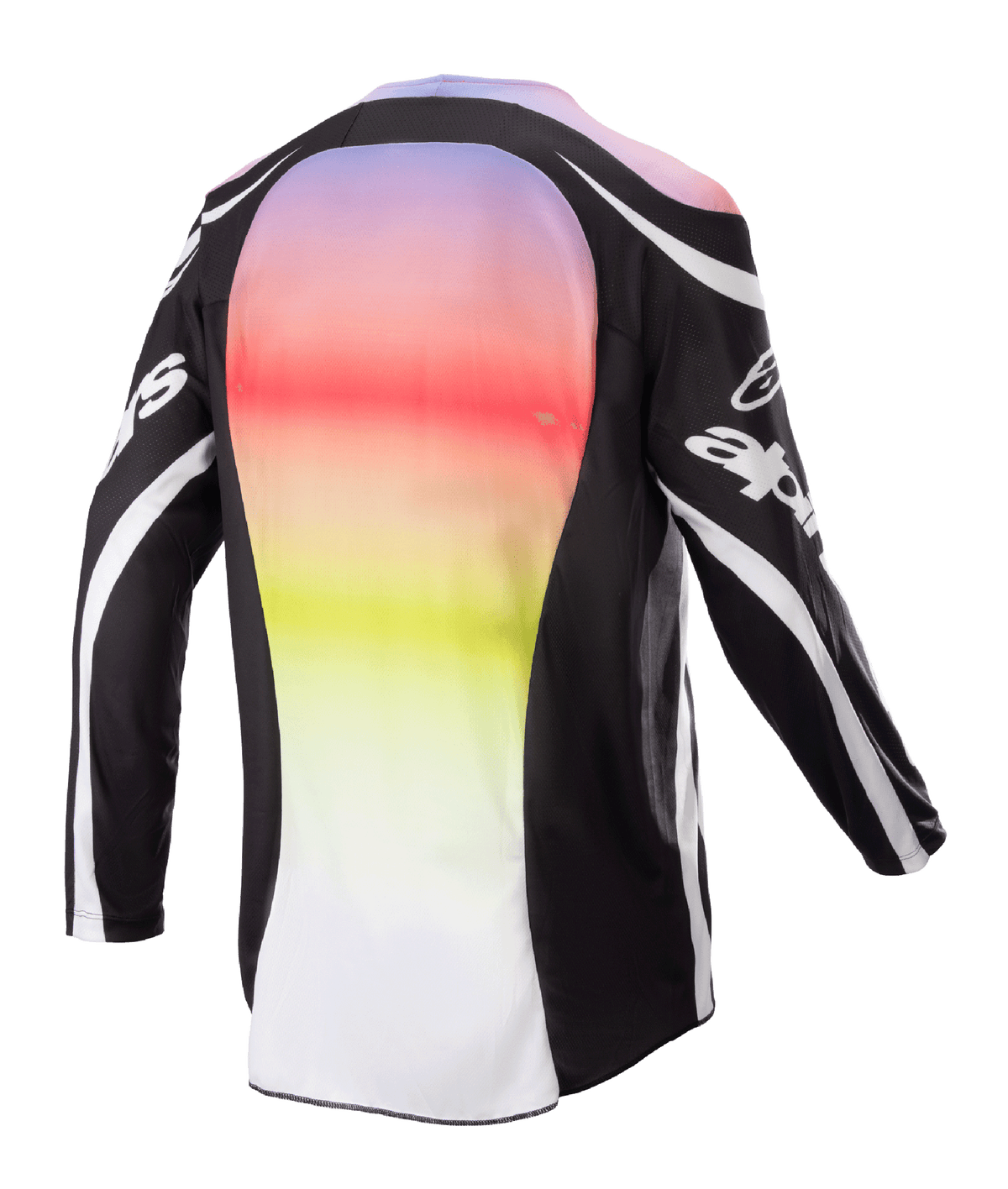 Alpinestars 2023 Racer Semi Jersey, motocross shirt, zwart multicolor, achteraanzicht met een groot centraal paneel met een levendig kleurverloop van paars naar geel, zwarte mouwen en schouders met witte logo-accenten en gebogen lijnen, ontworpen voor off-road prestaties