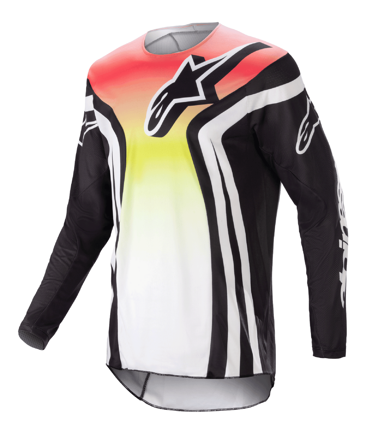 Alpinestars 2023 Racer Semi Jersey, motorcross shirt met lange mouwen, zwart en multicolor met een rood, geel en wit kleurverloop, opvallend logo op de borst en witte strepen op de mouwen, lichtgewicht vochtafvoerende stof voor off-road prestaties