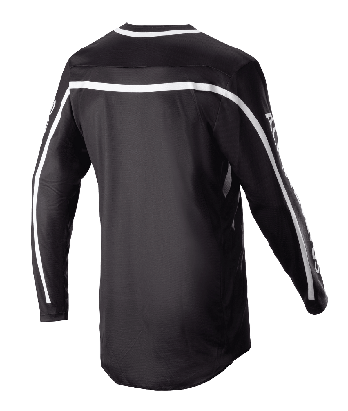 Alpinestars 2023 Racer Found Jersey, Black Motocross Jersey, Rear view featuring white stripes across the shoulders and sleeves, long sleeve design with a dropped tail for coverage, lightweight and breathable performance gear