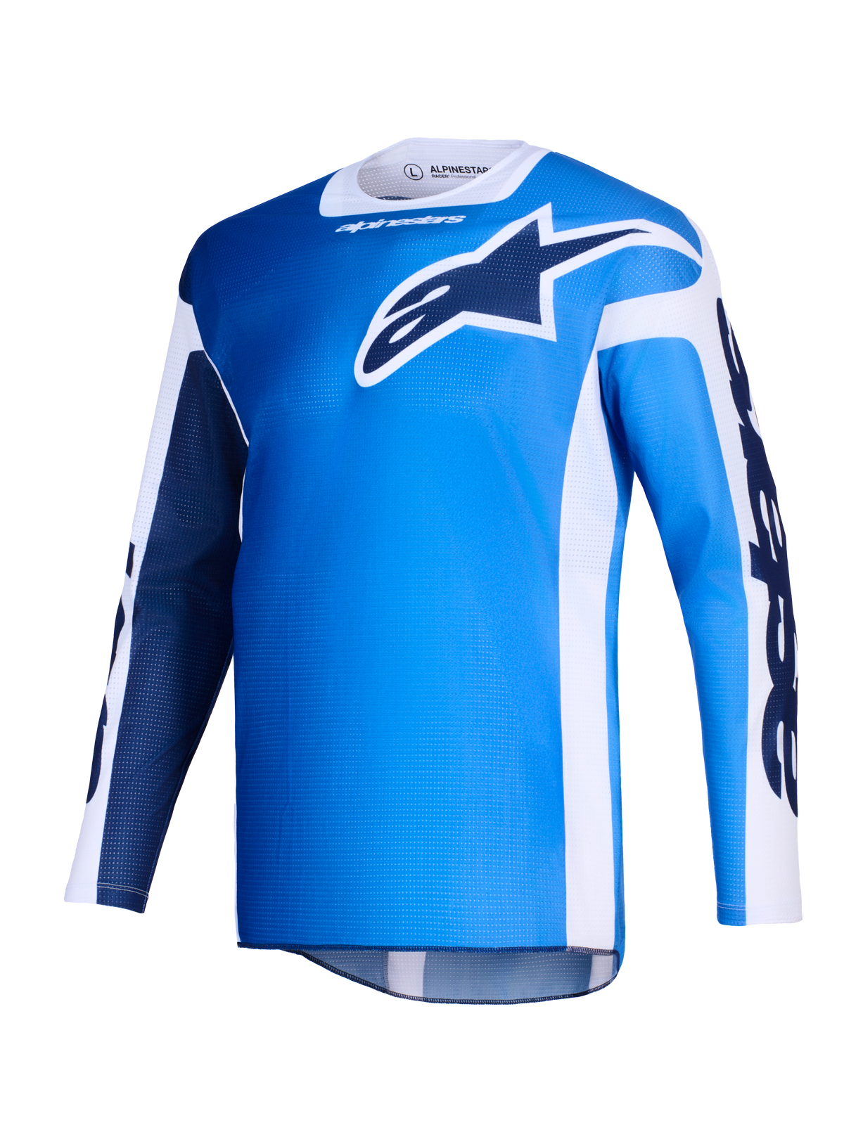 Alpinestars 2026 Racer Air Portl Jersey, motocross shirt, Ucla blauw en wit, met een groot donkerblauw Astars-logo op de borst, witte zijpanelen en lichtgewicht mesh-textuur voor een hoge luchtstroom