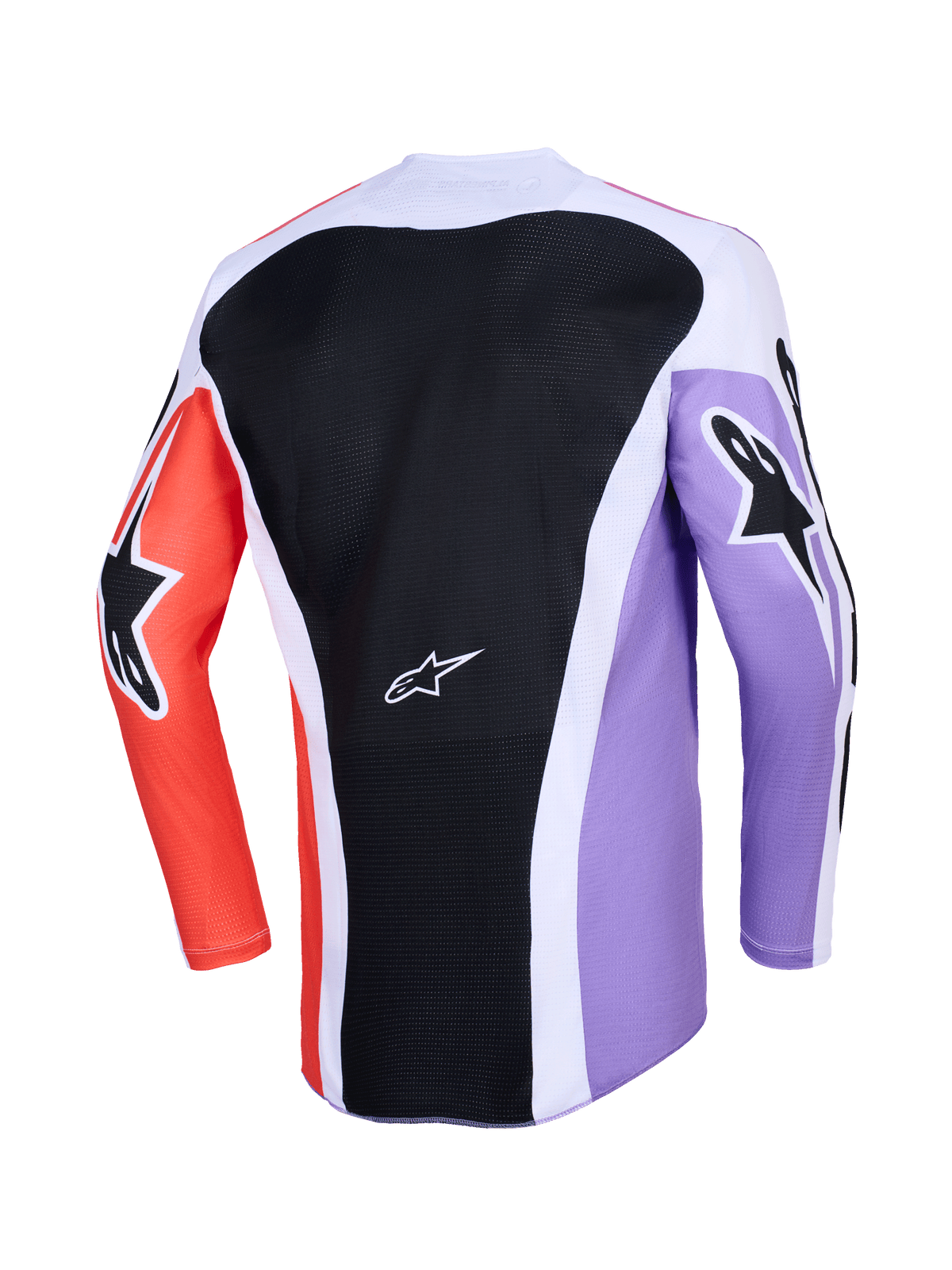 Maillot Alpinestars Racer Air Portl 2026, vue arrière du maillot de motocross à manches longues, design multicolore avec panneau dorsal en maille noire, manches violettes et orange avec logos étoiles noirs, accents blancs, construction respirante pour le tout-terrain