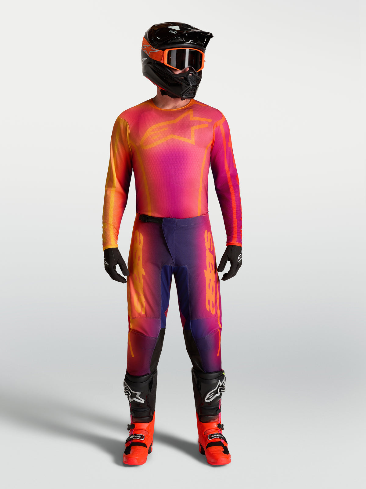 Alpinestars Fluid Kepler Jersey, Men's Motocross Gear Set, Purple and Orange, moisture-wicking textile racing apparel.
