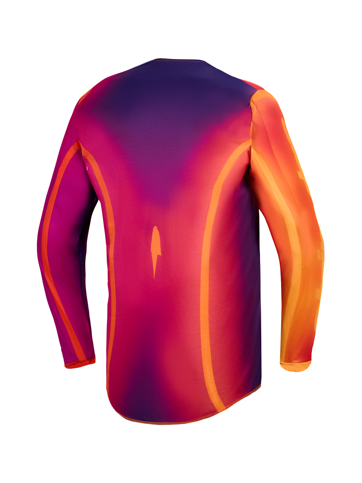 Maillot Alpinestars Fluid Kepler, haut de motocross pour homme, violet et orange, en poly-tissu évacuant l'humidité avec coupe arrière allongée, vue de dos.