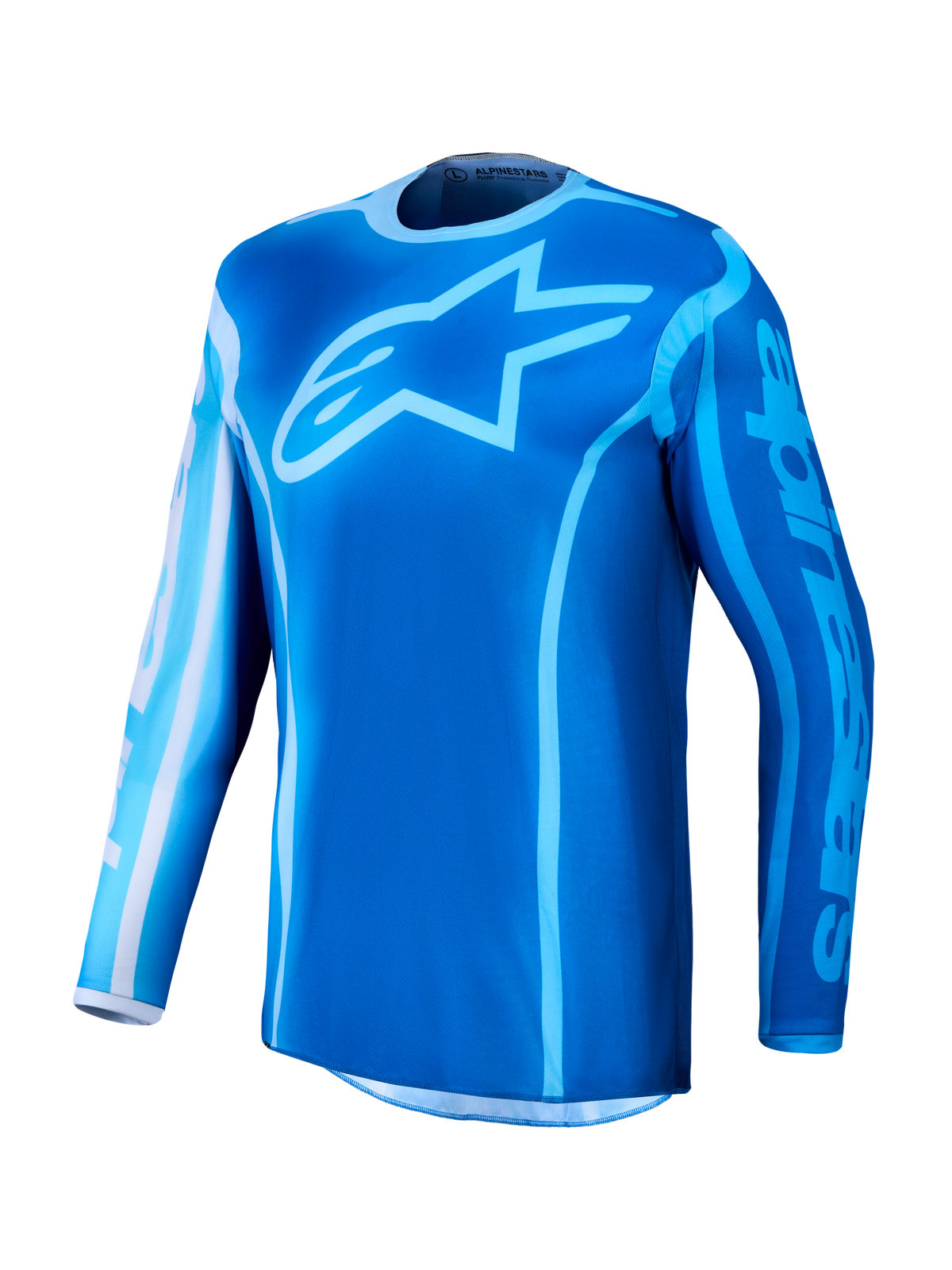 Alpinestars maillot Fluid Kepler 2027, maillot de motocross, bleu et bleu clair, textile évacuant l'humidité, logo étoile.