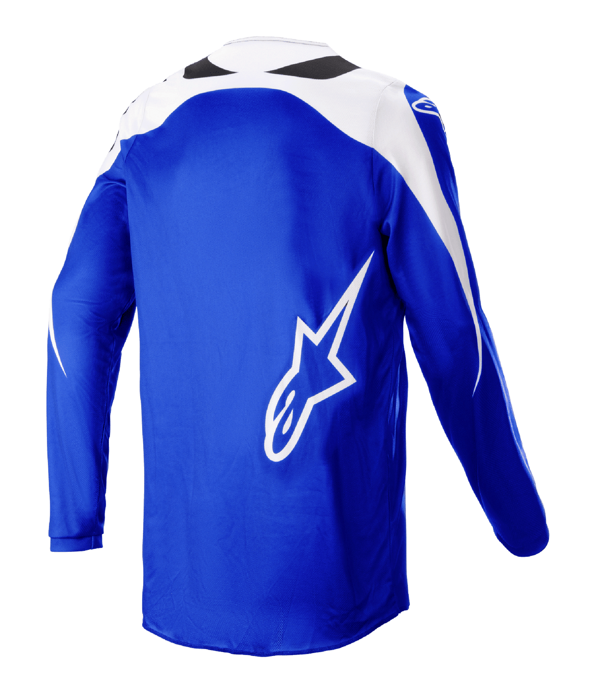 Alpinestars 2023 Fluid Narin Jersey, maillot de motocross, bleu et blanc, vue arrière avec un grand logo A-star blanc, empiècements blancs aux épaules, poly-tissu respirant pour des performances tout-terrain