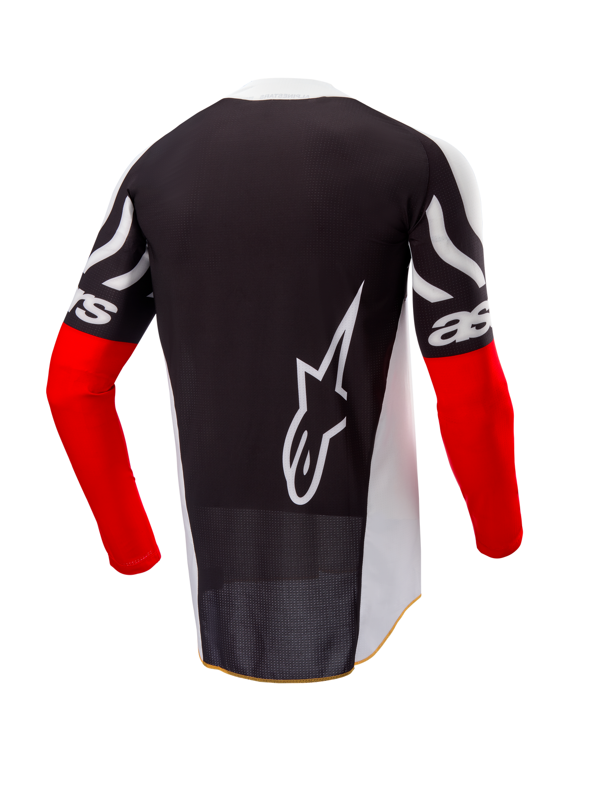 Alpinestars Limited Edition Techstar Deep Jersey, motocross shirt, achteraanzicht, zwart en wit met High Red mouwen, groot wit Alpinestars-logo op de rug, atletische race-pasvorm met geperforeerde poly-stof