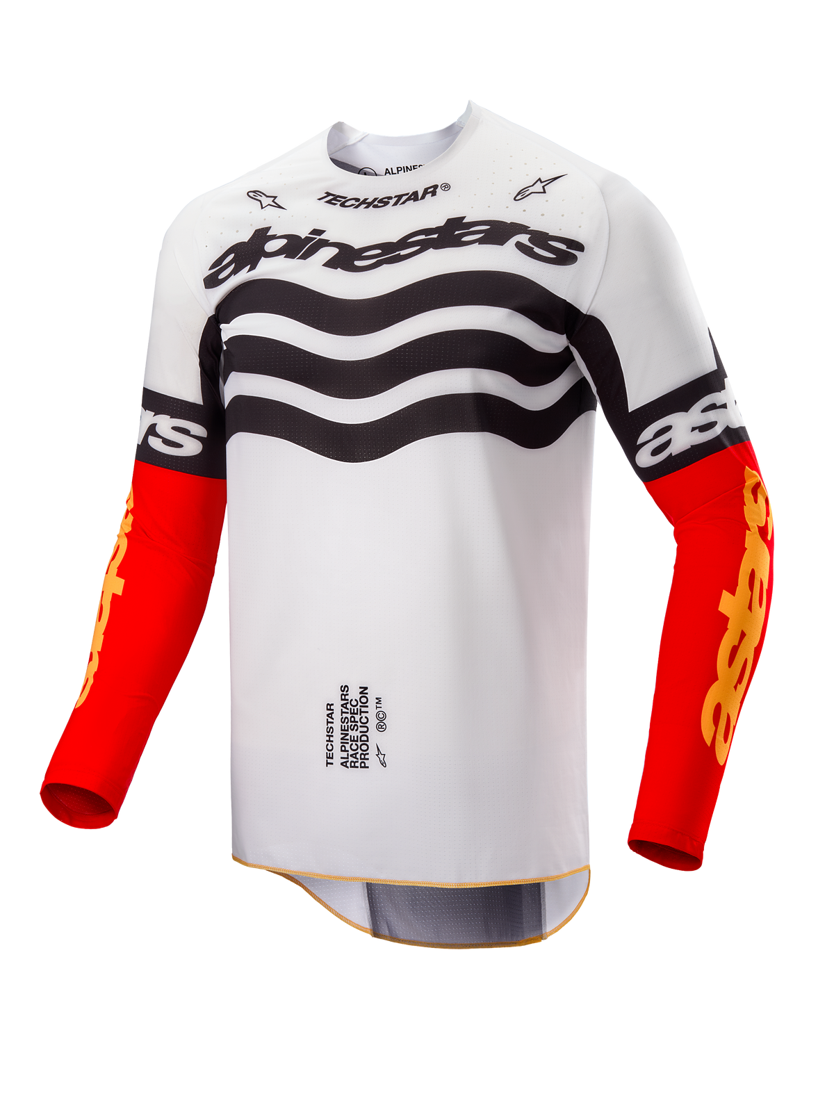 Alpinestars Limited Edition Techstar Deep Jersey, motocross shirt, wit en zwart ontwerp met golvende graphics op de borst, felrode mouwen met gele Astars-branding, hoogwaardige off-road racekleding