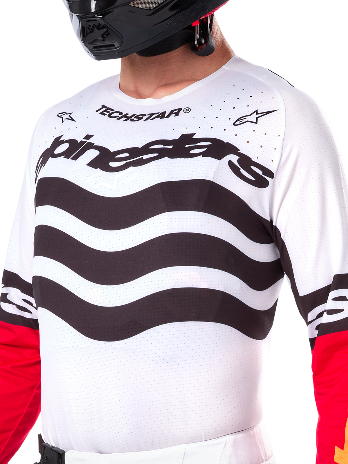 Alpinestars Limited Edition Techstar Deep Trikot, Motocross-Trikot, Schwarz, Weiß und High Red, athletische Rennpassform mit technischen Stretch-Einsätzen, auffälliges Branding und lasergeschnittene Belüftung für Offroad-Performance