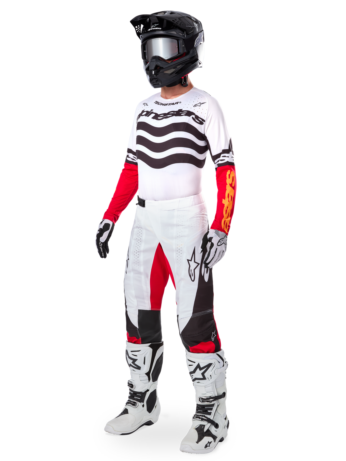 Ensemble d'équipement Alpinestars Techstar Deep Édition Limitée, tenue de motocross complète, maillot blanc avec motifs ondulés noirs et manches rouges, pantalon blanc avec accents rouges et noirs, casque noir avec lunettes argentées, gants blancs et noirs, bottes blanches, tenue de course MX coordonnée