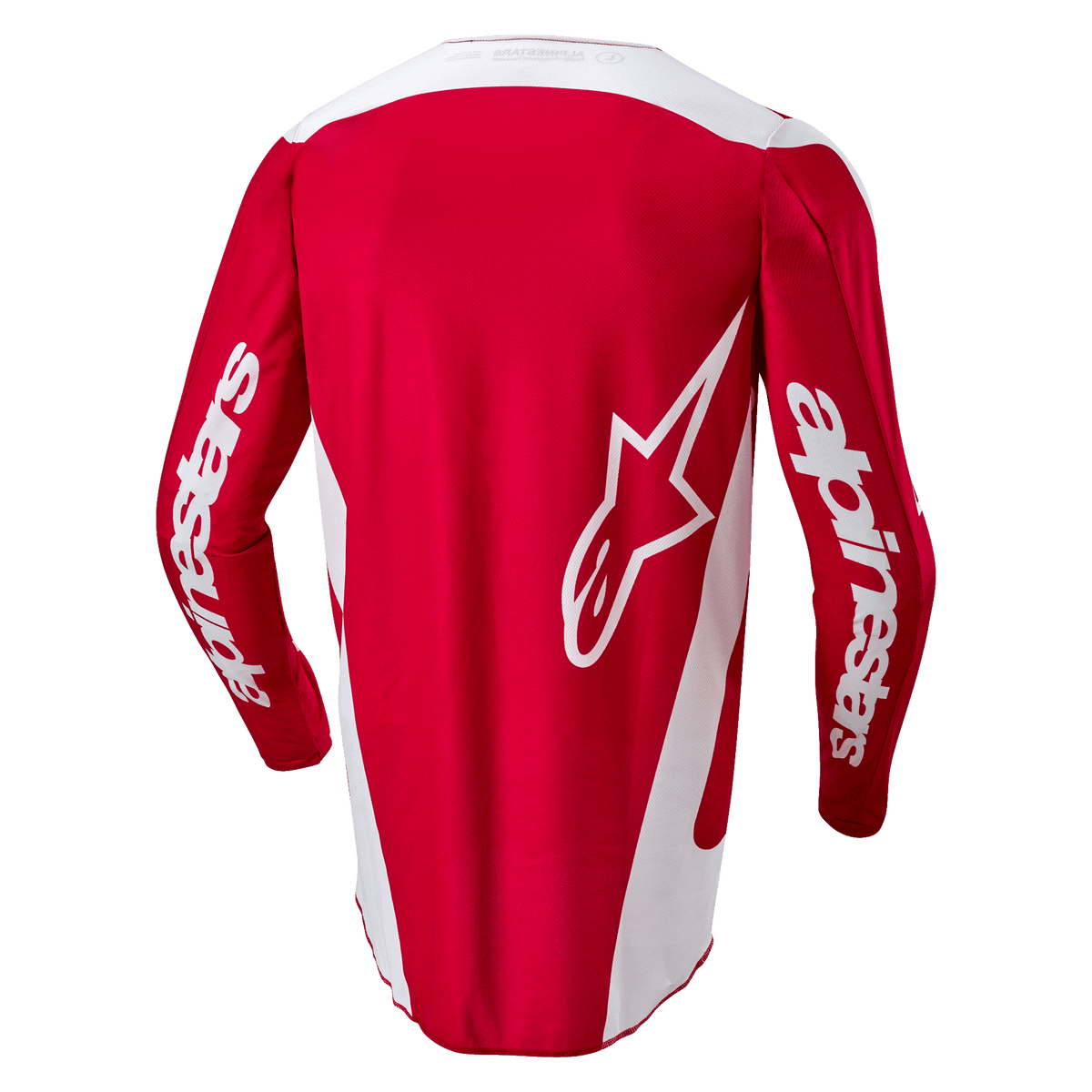 Alpinestars 2024 Fluid Lurv Jersey, motorcross shirt, Mars Red en wit, achteraanzicht met een groot wit sterlogo op de rug, witte zijpanelen en branding op de mouwen