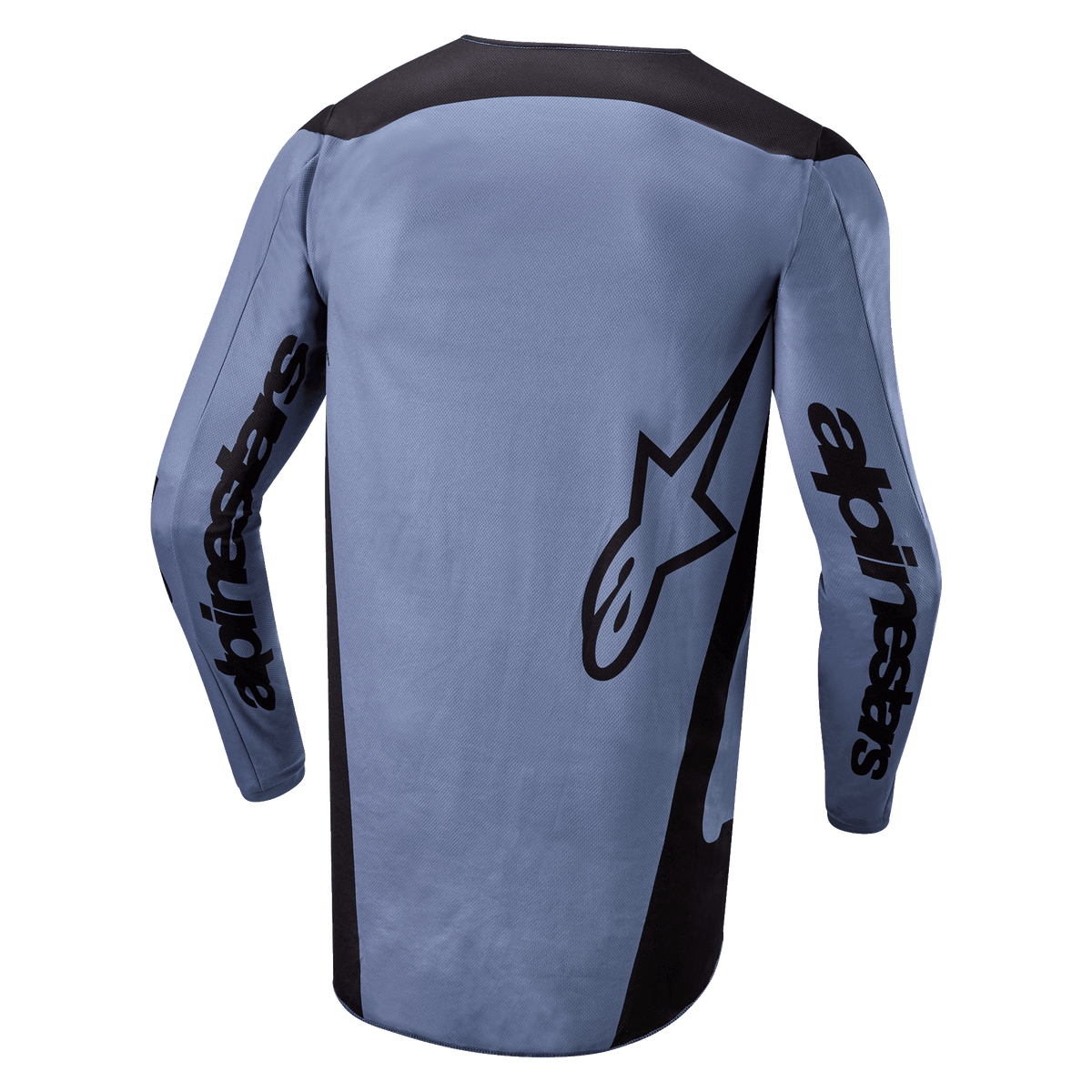 Alpinestars 2024 Fluid Lurv Jersey, maillot de motocross, bleu clair et noir, vue de dos montrant le marquage Alpinestars sur les manches et le logo étoile dans le dos, pan arrière allongé, tissu performant respirant pour la course tout-terrain