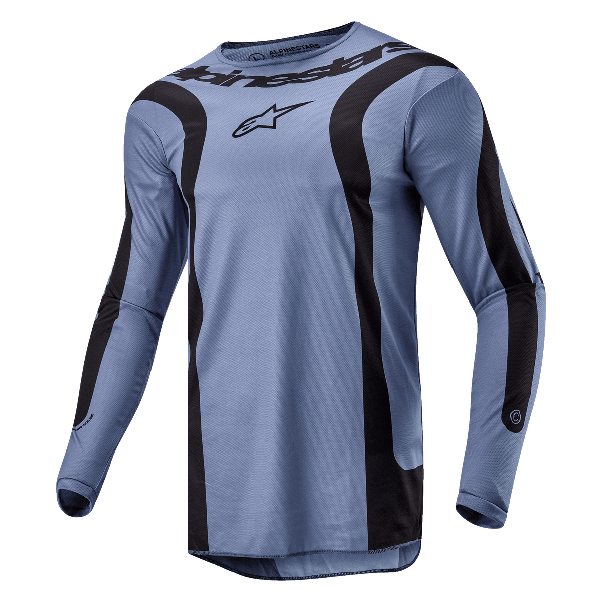 Alpinestars 2024 Fluid Lurv Jersey, maillot de motocross, bleu clair et noir, avec des graphismes noirs incurvés audacieux sur le devant et les manches, logo Alpinestars central sur la poitrine, et construction en poly-tissu haute performance avec un col sport.