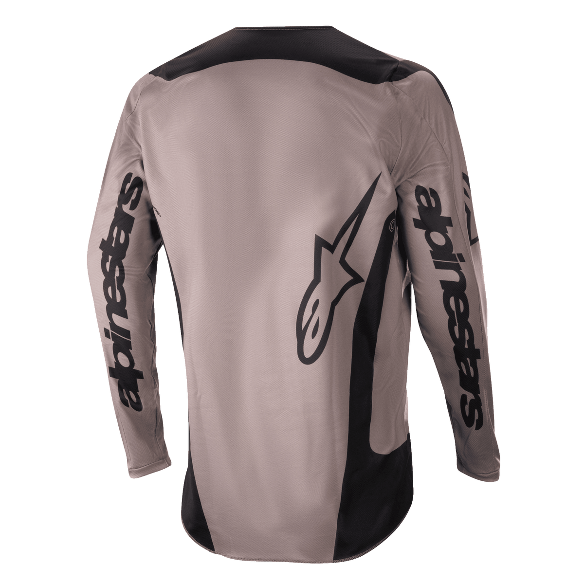 Alpinestars 2024 Fluid Lurv Jersey, motorcross shirt, Mud Black, achterkant met grote Alpinestars-branding op de mouwen en onderrug, zwarte panelen op de schouders en zijkanten, performance off-road motorkleding