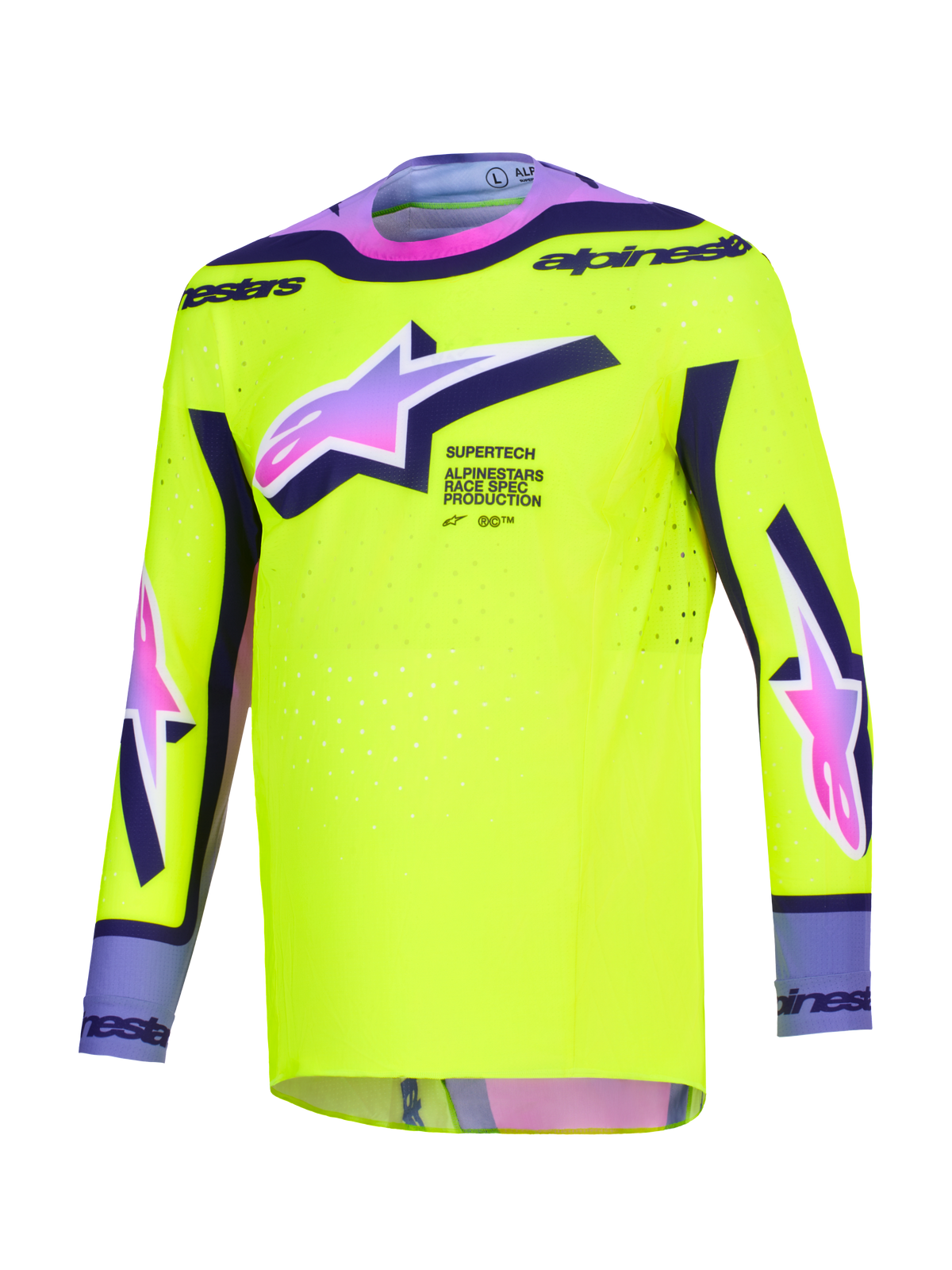 Maillot de motocross Alpinestars Supertech Vista 2026, jaune vif avec accents violets et noirs, logos Astars avec dégradé du rose au violet, coupe athlétique de course avec perforations au laser pour la performance en tout-terrain