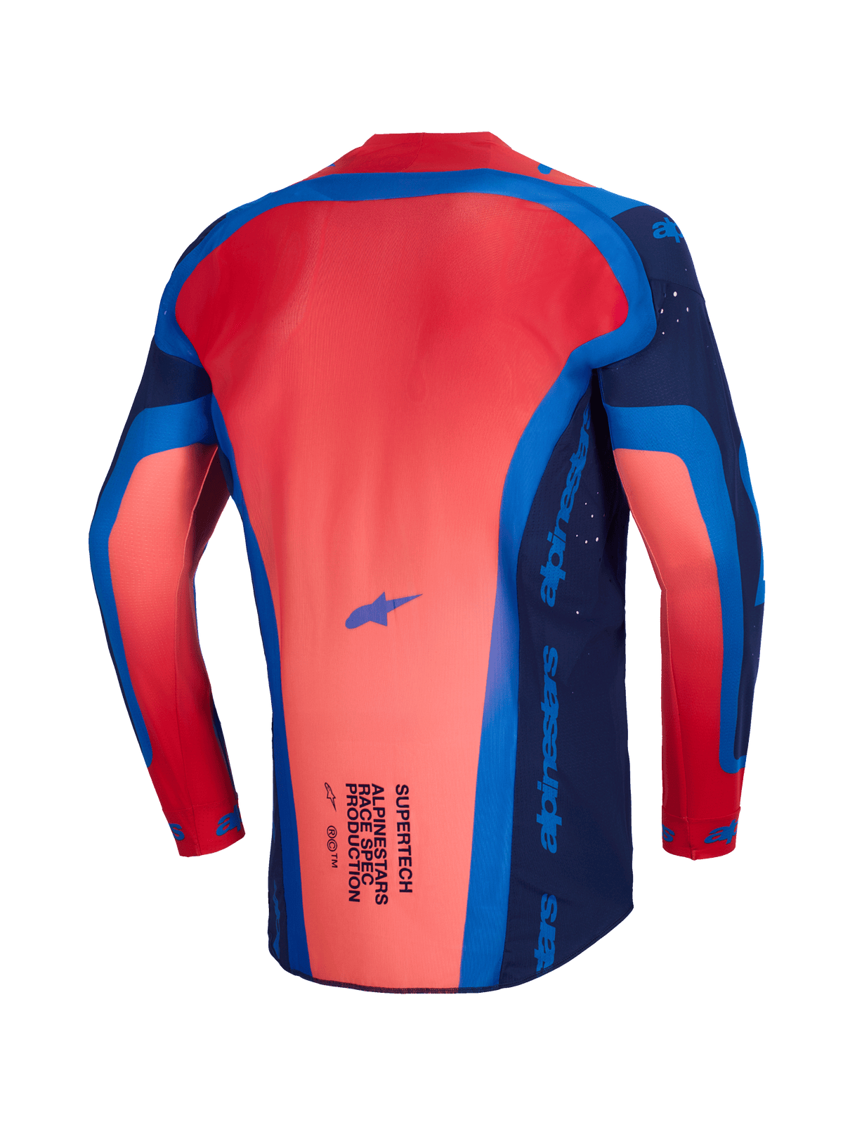 Alpinestars 2026 Supertech Vista Jersey, motocross jersey, Dark Navy Hot Coral en Cobalt, achteraanzicht met het verlengde rugprofiel en lichtgewicht mesh-constructie
