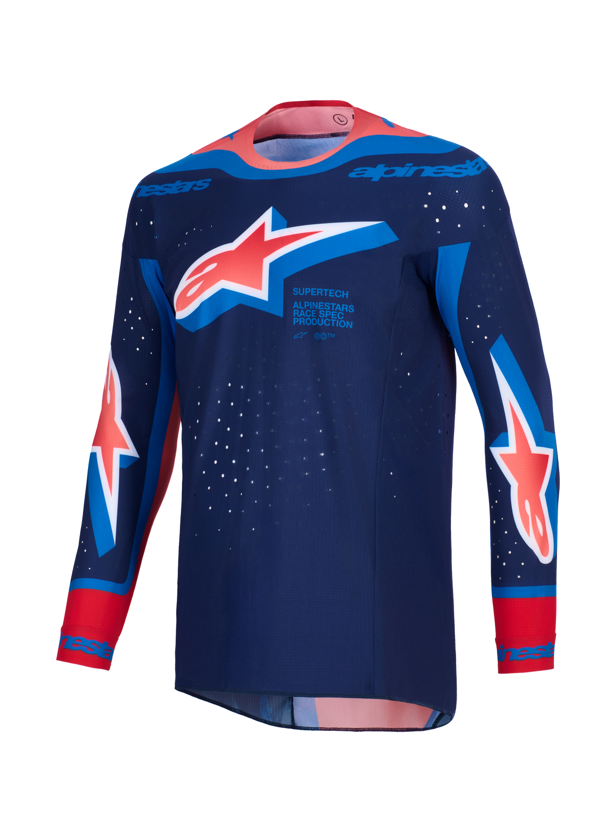 Alpinestars 2026 Supertech Vista Jersey, motorcross shirt, donkerblauw met Hot Coral en Cobalt Blue accenten, grote Astar-logo's op de borst en mouwen, atletische racepasvorm met laser-gesneden perforaties en een naadloos gelijmde kraag