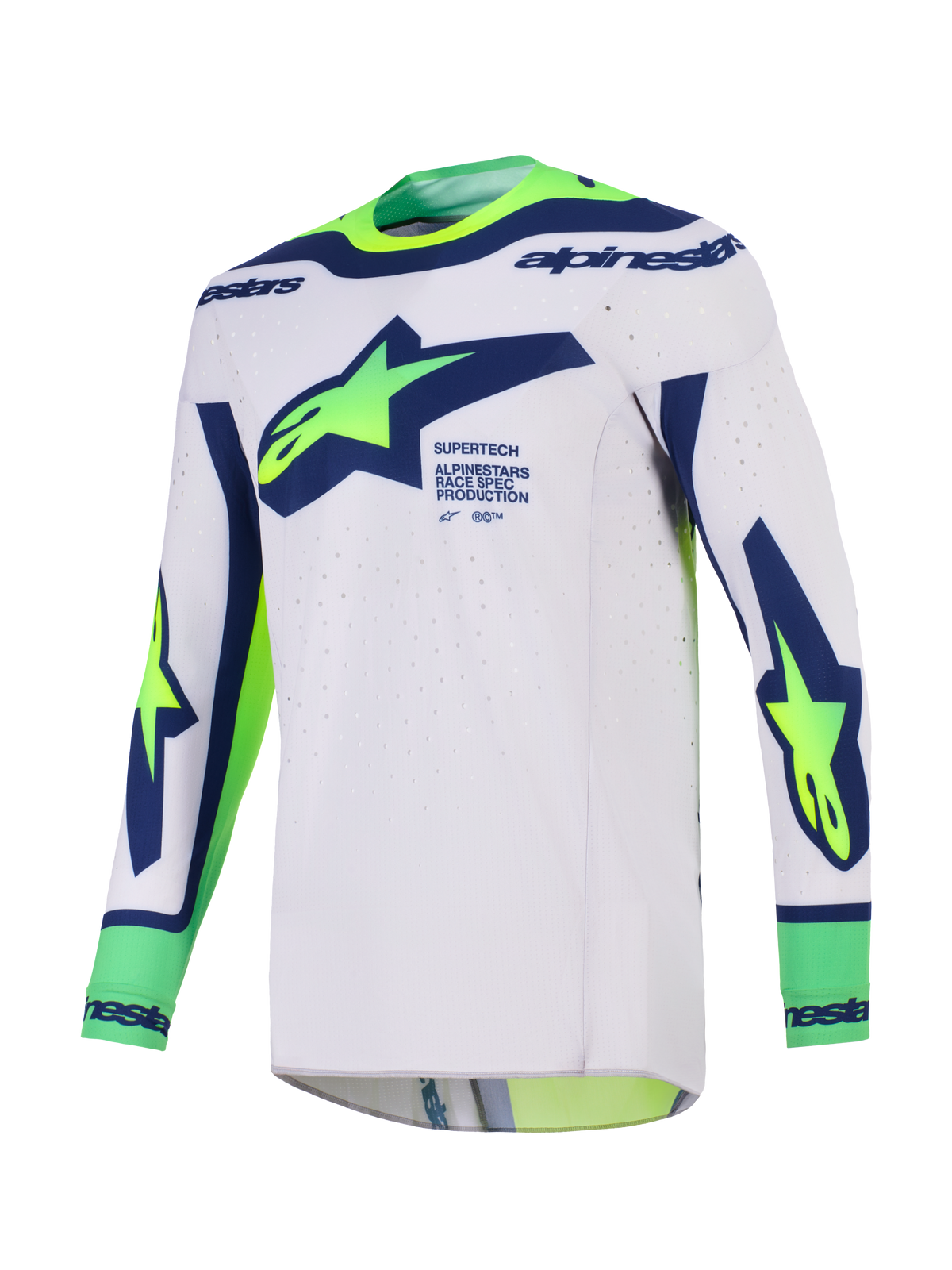 Maillot Alpinestars Supertech Vista 2026, maillot de motocross, gris clair avec bleu et jaune fluo, avec grand logo Alpinestars sur la poitrine, perforations laser pour la ventilation et construction sans couture pour la course tout-terrain