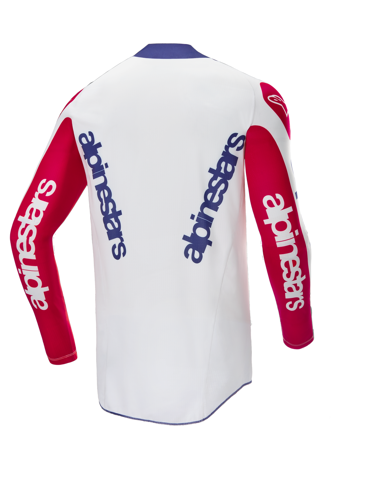 Alpinestars Limited Edition Techstar Fortitude Jersey, Rückansicht, Motocross-Trikot, weißer Hauptteil mit roten Ärmeln und blauem Kragen, mit blauem und weißem Alpinestars-Branding, Hochleistungs-Rennausrüstung