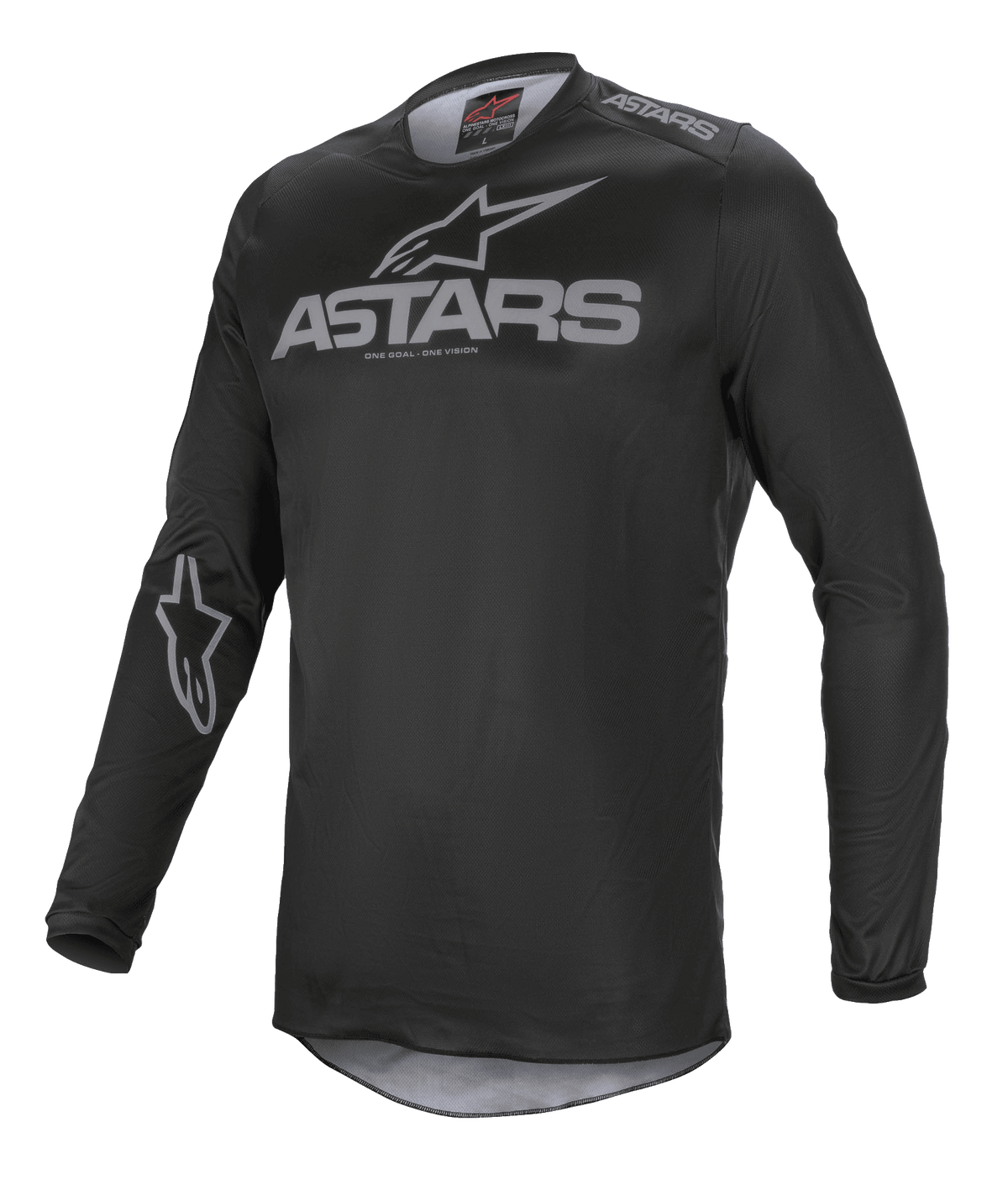 Alpinestars Fluid Graphite Jersey, Motocross Jersey, Black and Dark Gray, featuring gray ASTARS logo on the chest and shoulder, star logo on the sleeve, long-sleeved technical mesh construction for off-road racing