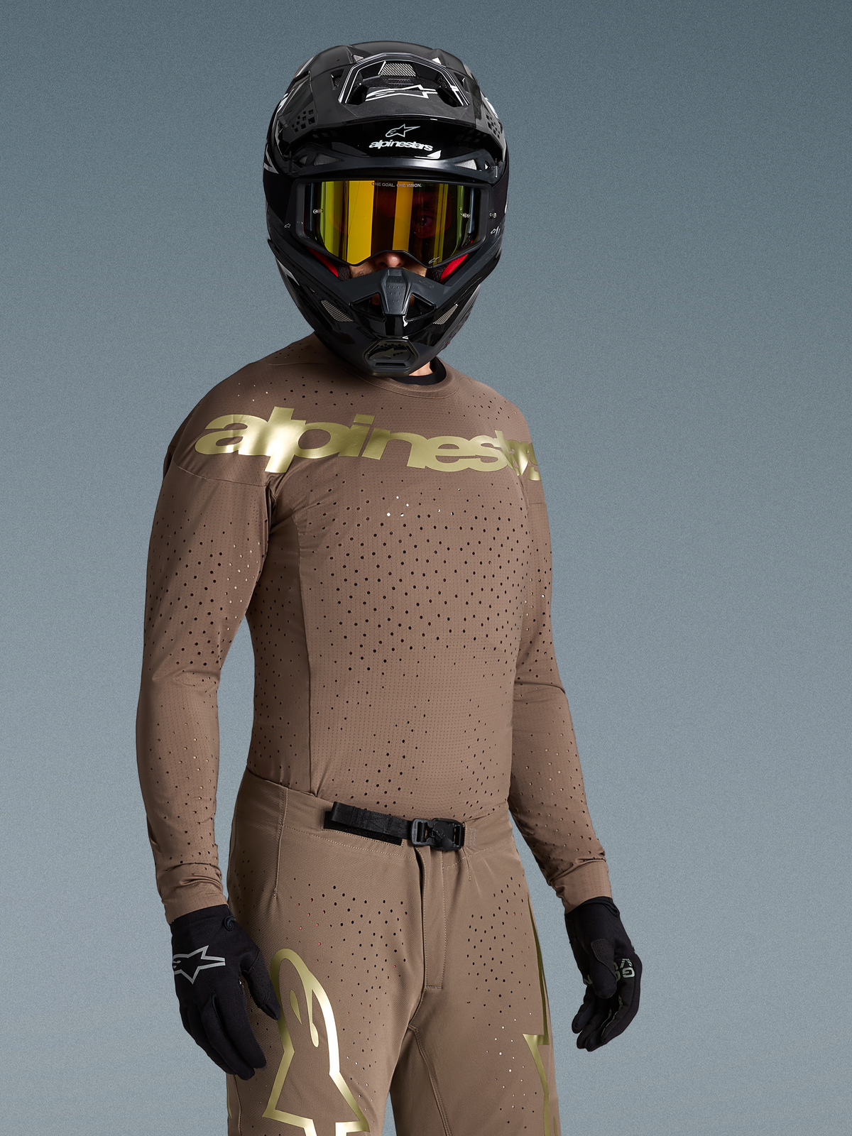 Alpinestars Limited Edition Supertech Air Gold Trikot, Herren Motocross-Trikot in Braun und Gold, belüftetes Stretch-Mesh.