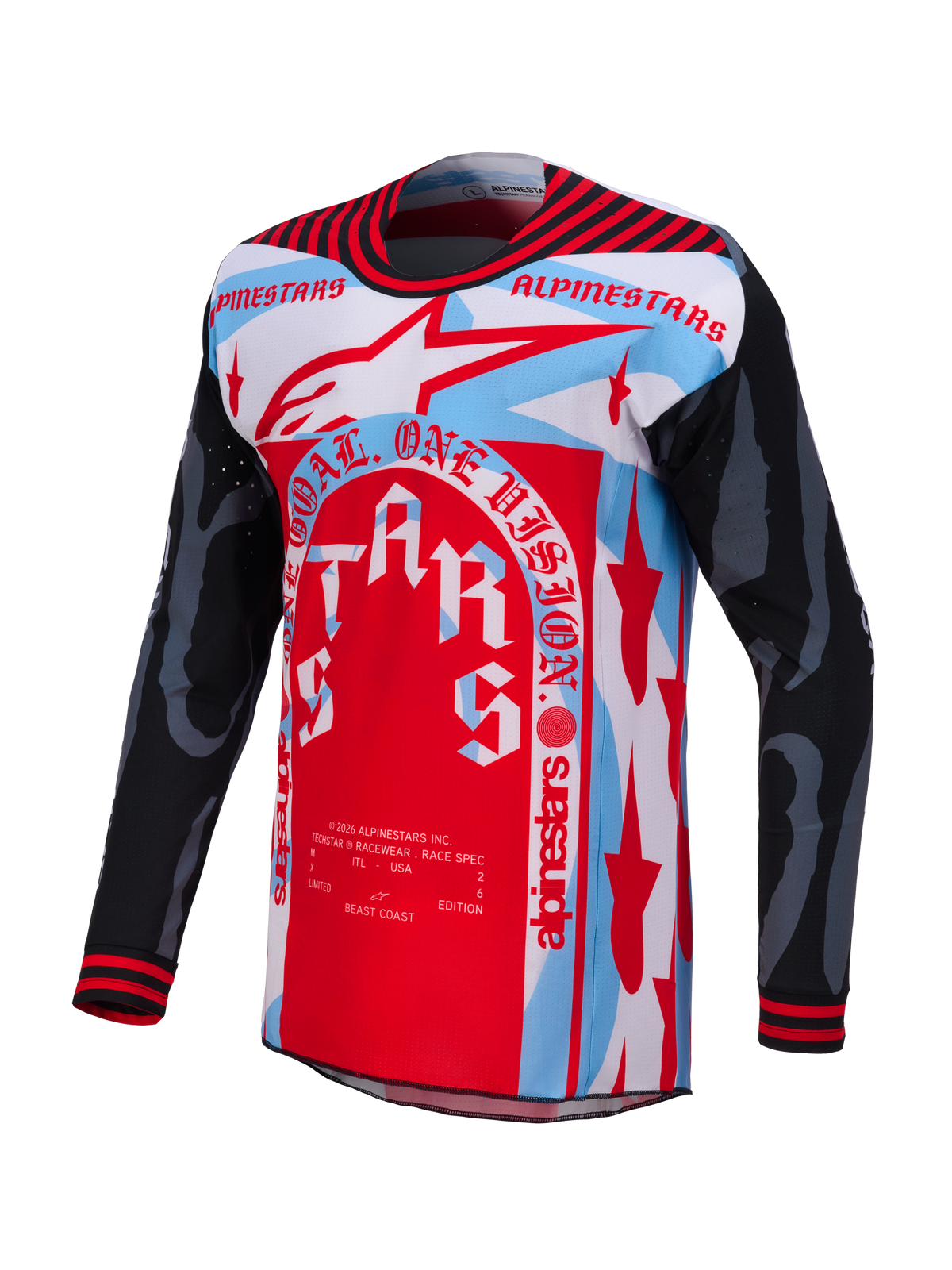 Maillot Techstar Beast Coast Édition Limitée, rouge, blanc et bleu avec manches noires et graphismes dynamiques.