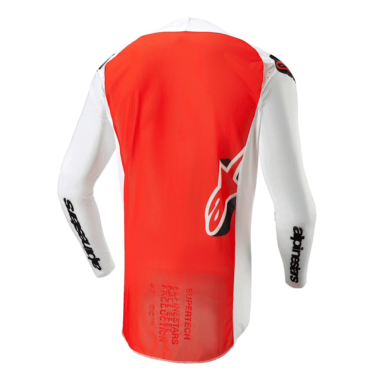 Maillot Alpinestars Supertech Ward 2024, vue arrière, Blanc Orange Vif, doté d'un large panneau central orange vif, manches et panneaux latéraux blancs avec marquage Alpinestars noir, logo Astar dans le bas du dos, construction en mesh de qualité professionnelle pour le motocross.