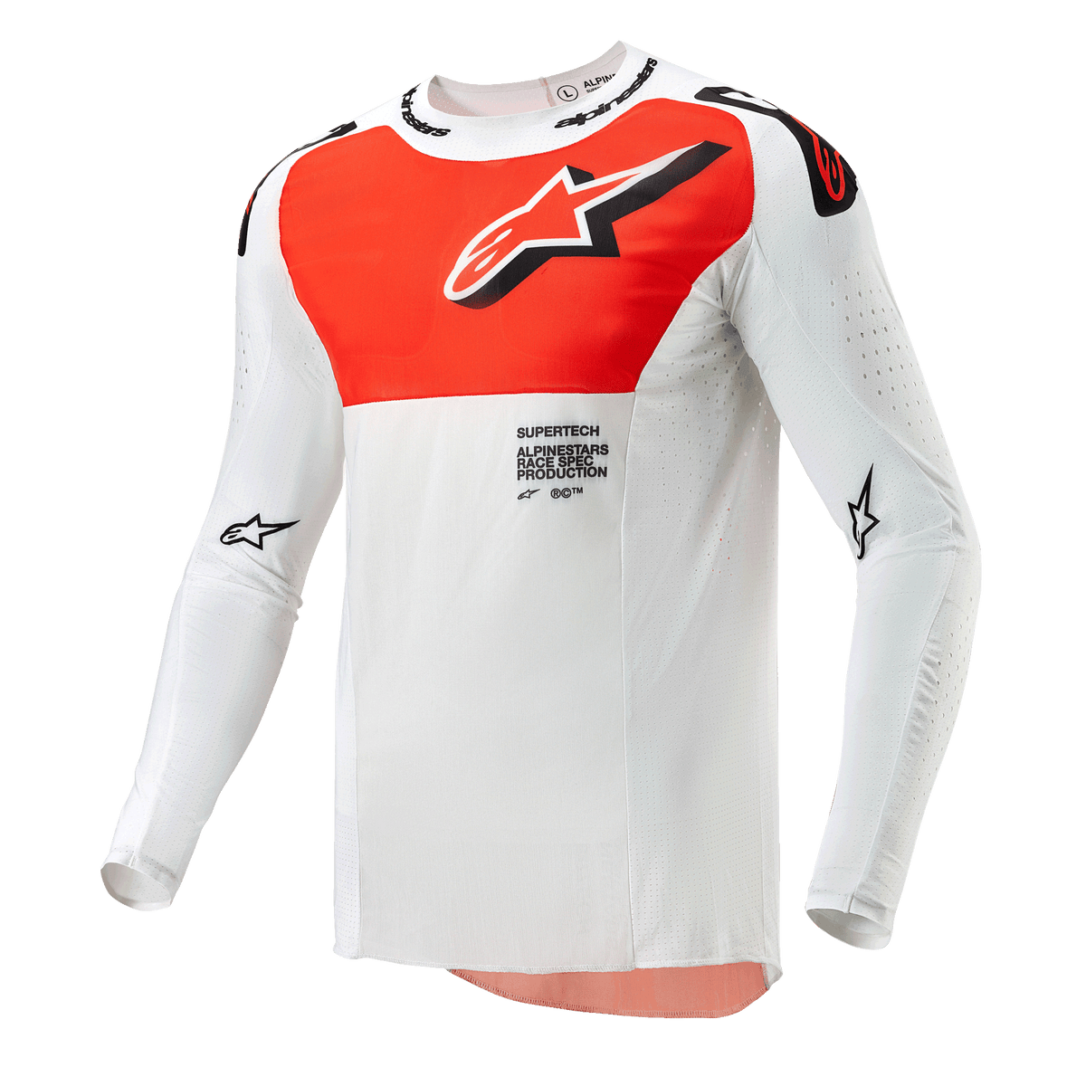 Maillot Alpinestars Supertech Ward 2024, maillot de motocross, blanc et orange vif, haut technique à manches longues avec un grand motif orange sur la poitrine, logo étoile et conception perforée respirante pour la course tout-terrain