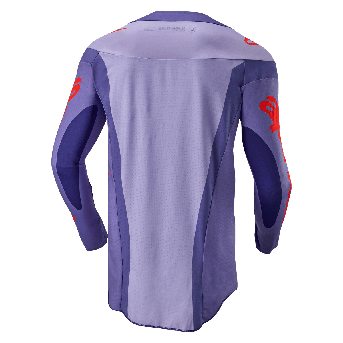 Alpinestars 2024 Techstar Ocuri Jersey, Motocross Jersey, Purple and Hot Orange, back view featuring multi-panel purple design with orange logo graphics on sleeves and shoulders, extended rear drop tail for off-road racing performance.