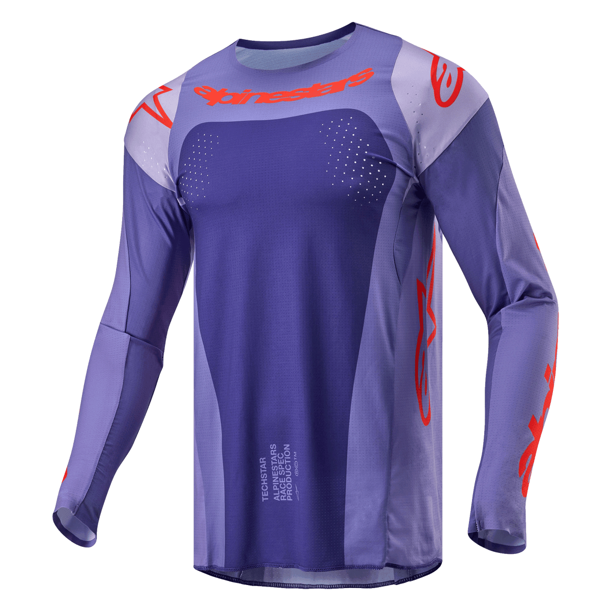Alpinestars 2024 Techstar Ocuri Jersey, Motocross Jersey, Purple and Hot Orange, long-sleeve athletic fit with laser-cut perforations, bold orange branding on chest and sleeves, moisture-wicking poly-fabric for off-road racing