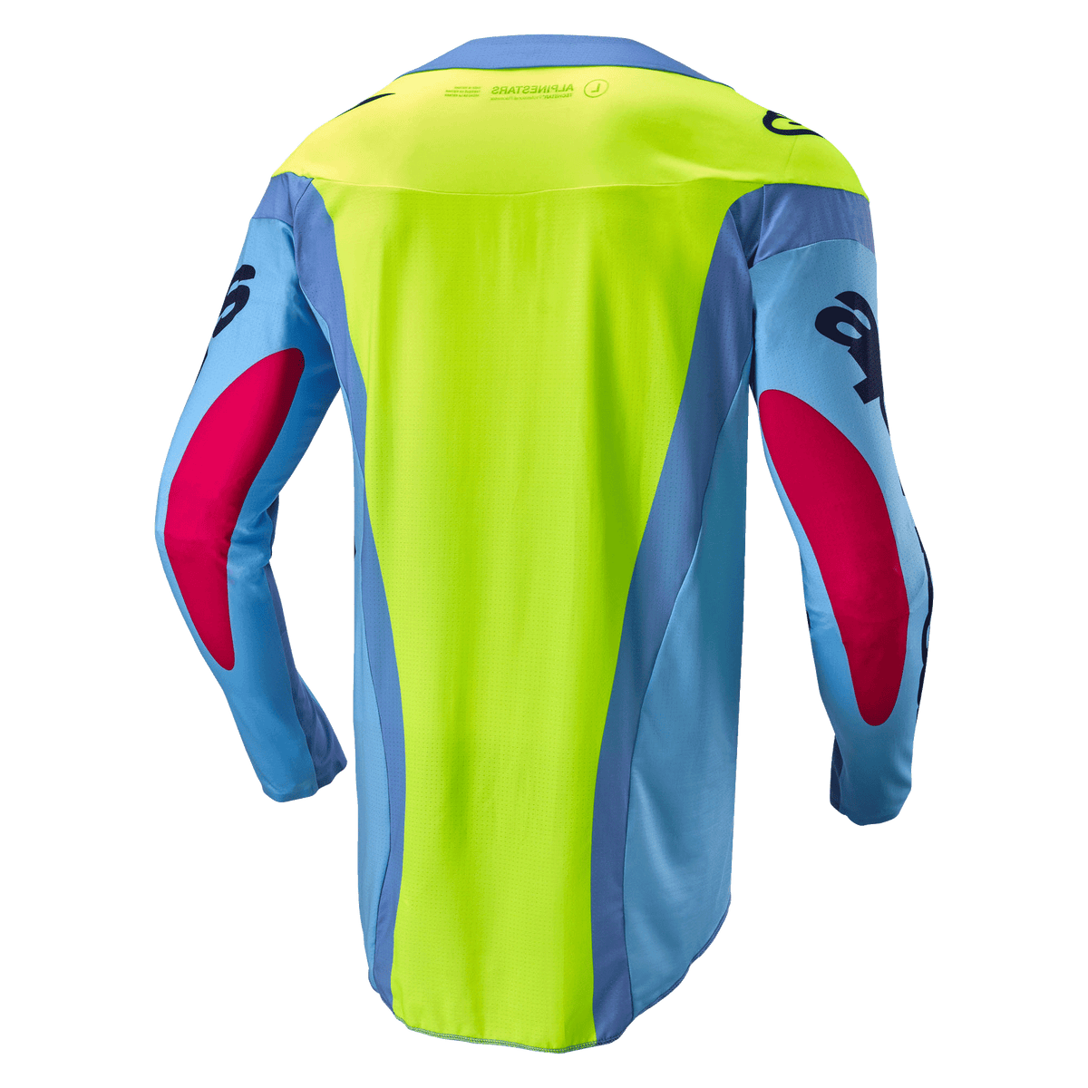 Maillot Alpinestars Techstar Ocuri 2024, maillot de motocross, bleu clair, jaune fluo et rouge berry, vue arrière montrant un panneau arrière jaune fluo éclatant, des manches bleu clair avec des accents rouge berry et une coupe athlétique ergonomique pour la performance tout-terrain.
