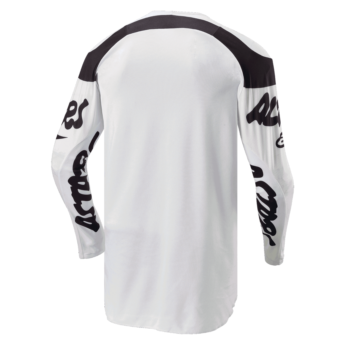 Maillot Alpinestars Racer Hana 2024, maillot de motocross, blanc et noir, vue arrière avec coupe plus longue pour une meilleure couverture, empiècements noirs aux épaules et logos manuscrits noirs sur les manches, tissu durable évacuant l'humidité pour la performance tout-terrain