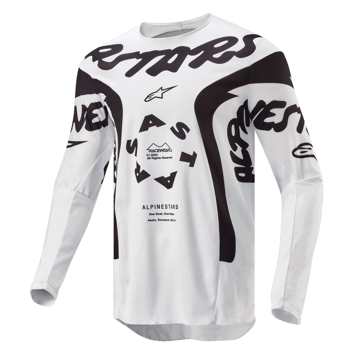 Maillot Alpinestars Racer Hana 2024, maillot de motocross, blanc et noir, avec un marquage Alpinestars noir audacieux sur la poitrine, un logo ASTARS circulaire et des panneaux en maille technique pour la performance tout-terrain