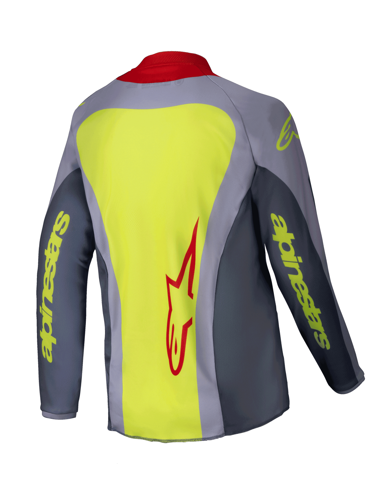 Alpinestars 2025 Youth Racer Melt Trikot, Motocross-Trikot, Hellrot und Grau mit neongelben Akzenten, Rückansicht mit einem großen neongelben Panel und einem roten Alpinestars-Logo, graue Ärmel mit gelbem Textbranding und einem roten Kragen, leichte technische Bekleidung für den Offroad-Rennsport
